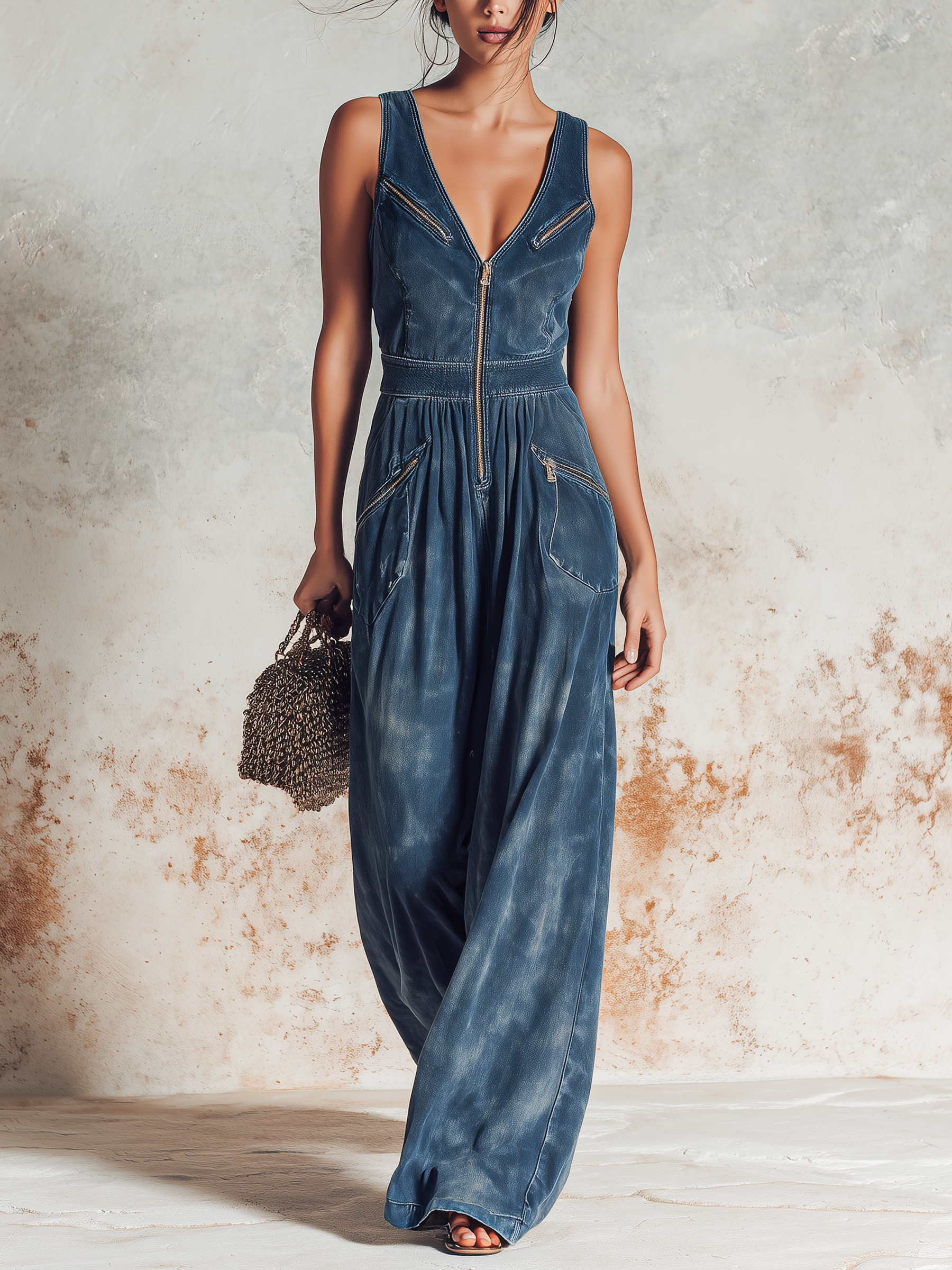 Vintage Washed Zip-Front Snow-Wash Denim Jumpsuit