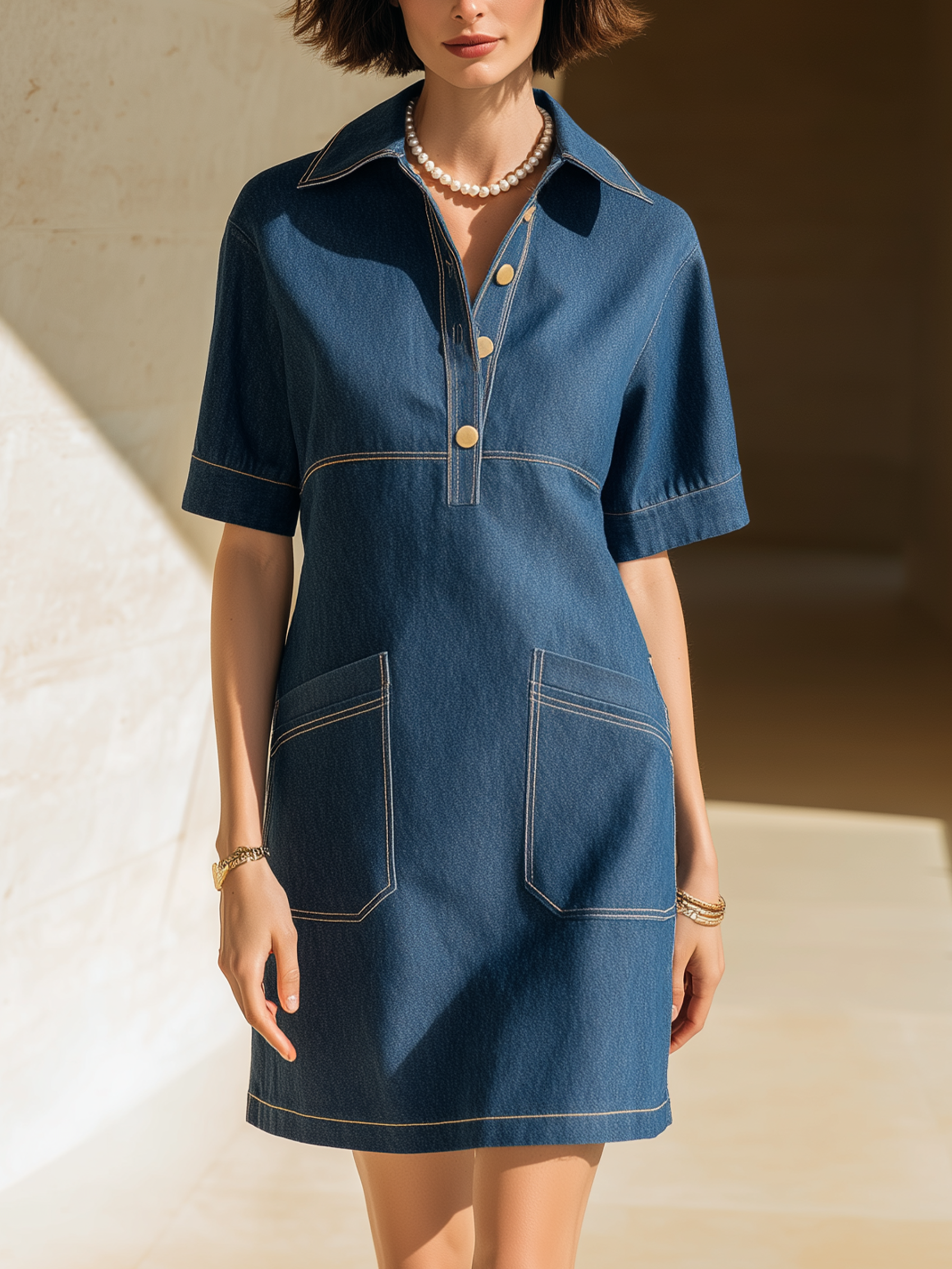 Half-Placket Denim Shirt Dress | Contrast Stitch Short-Sleeve Mini Dress
