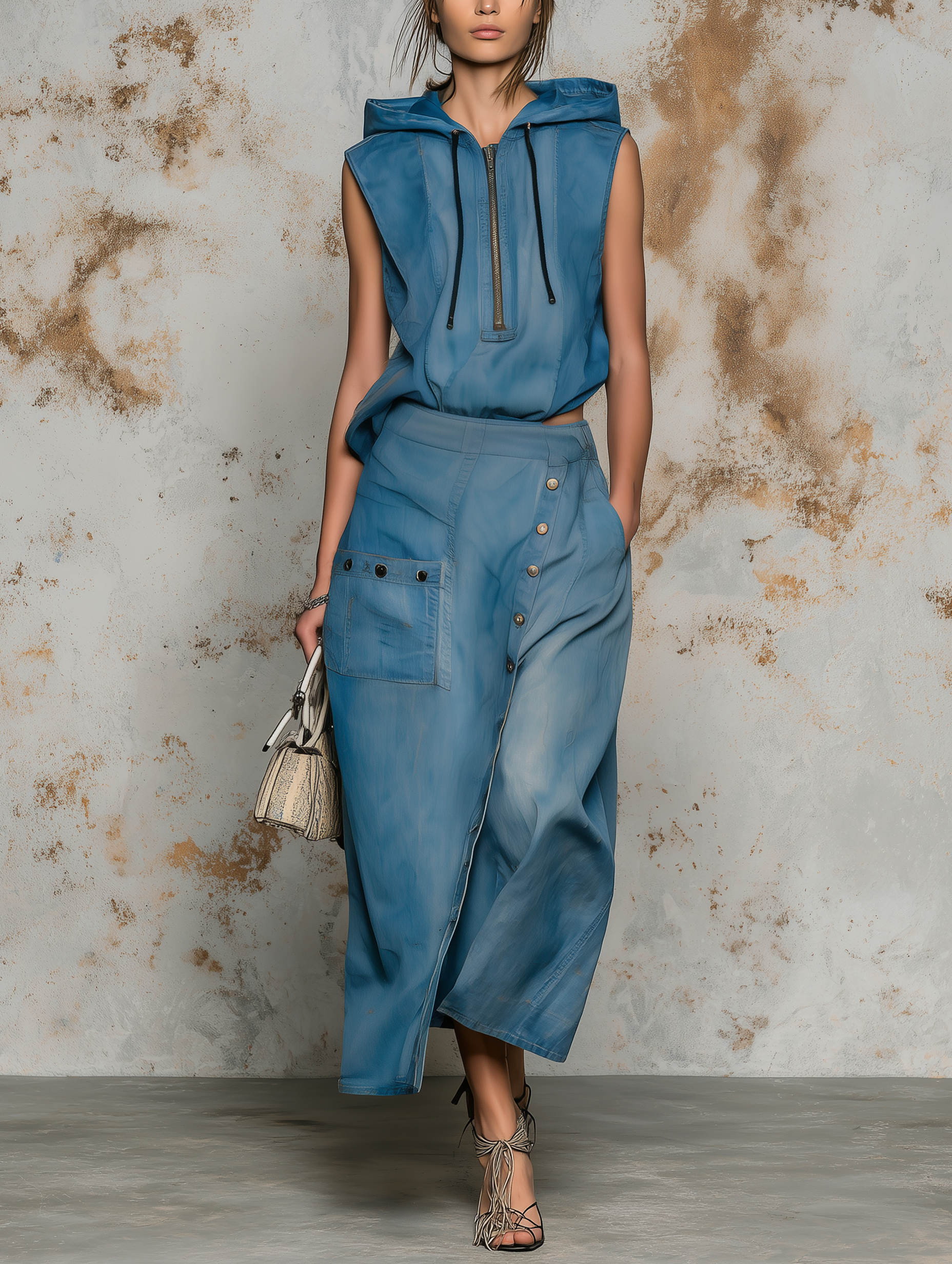 Sleeveless Hooded Denim Two-Piece Set