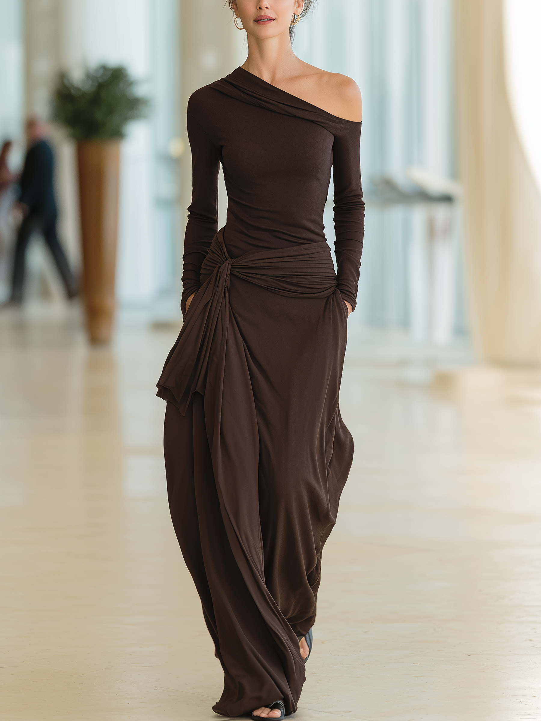 Elegant One-Shoulder Draped Maxi Dress – Long Sleeve Asymmetrical Design