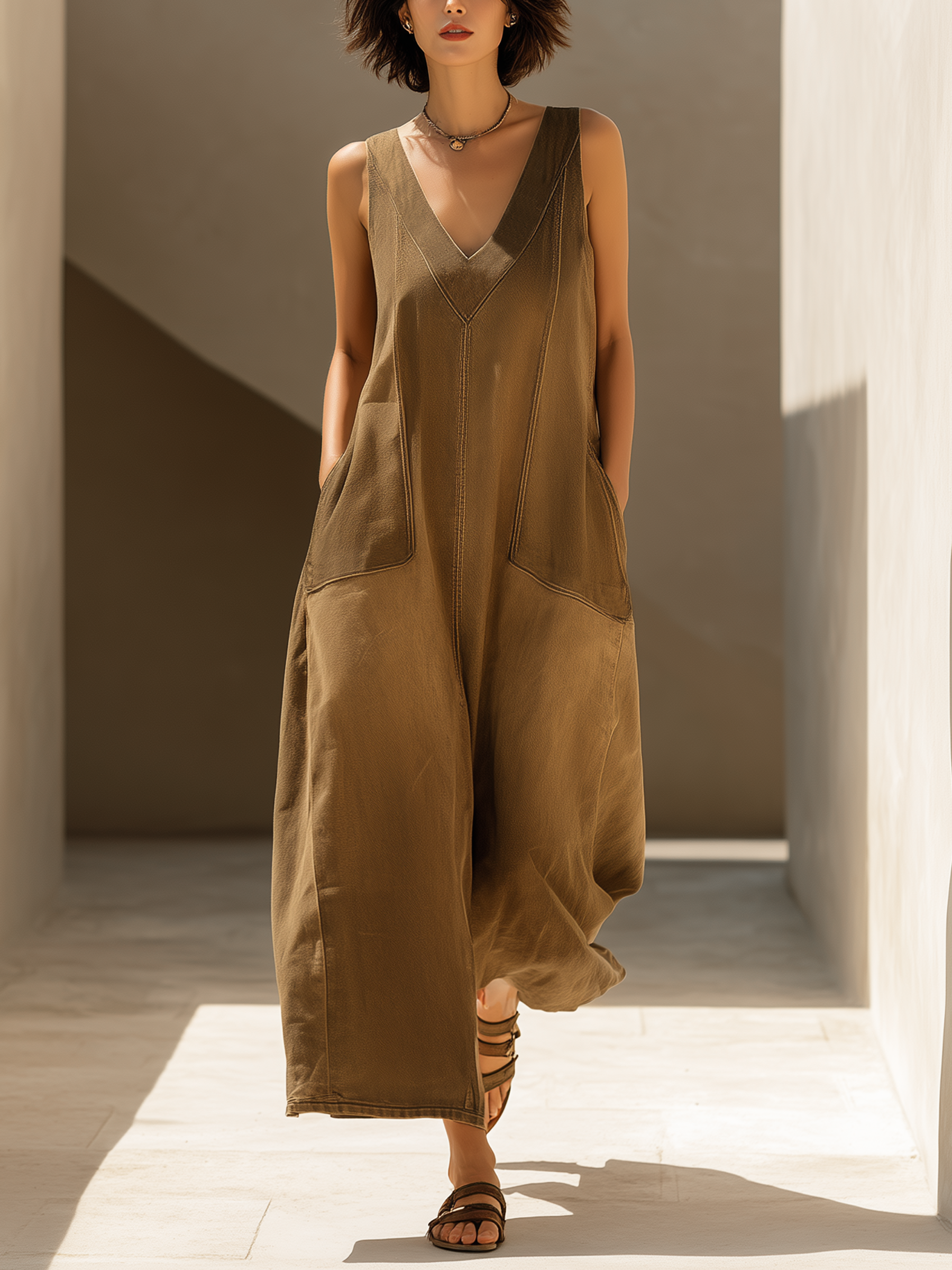 Khaki Oversized Denim Wide-Leg Jumpsuit