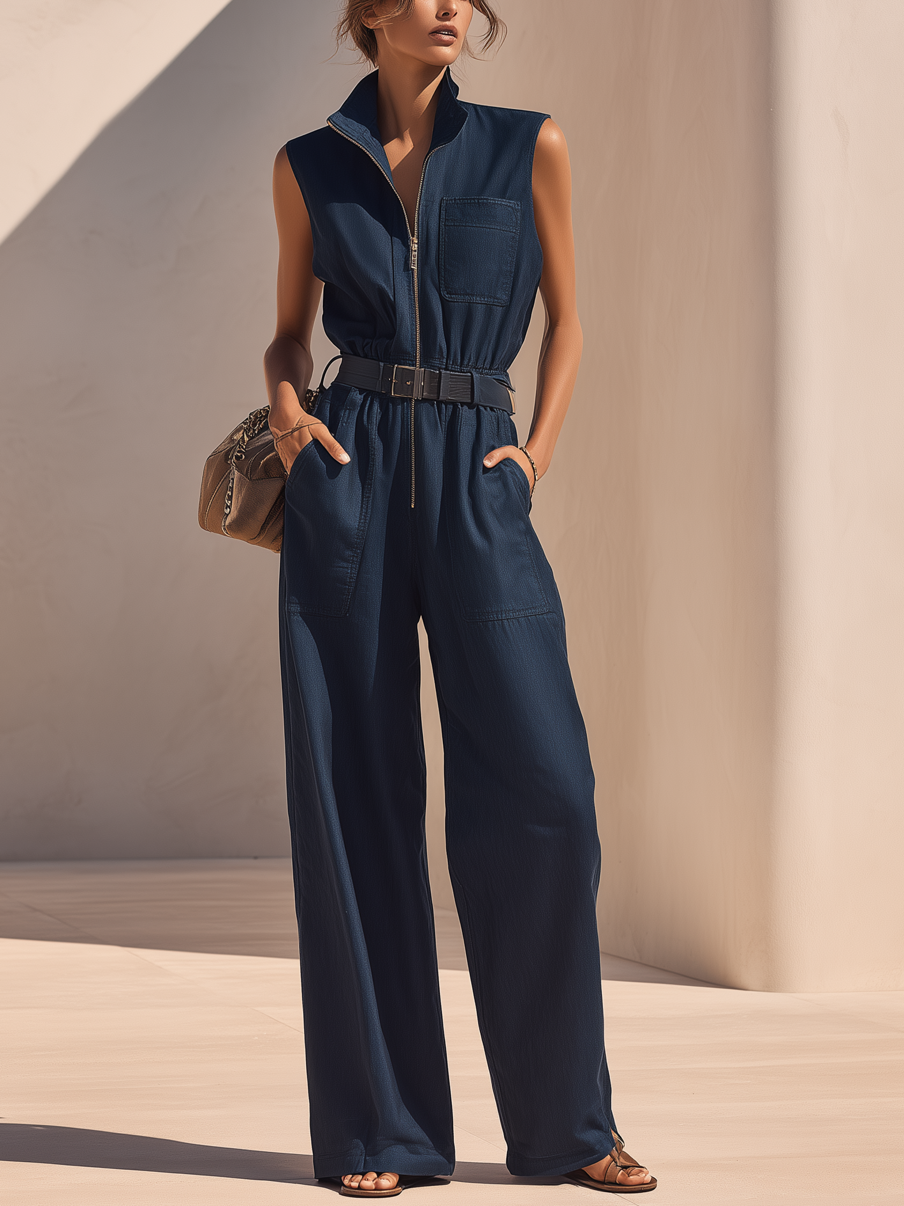 High Neck Zip-Front Belted Denim Jumpsuit