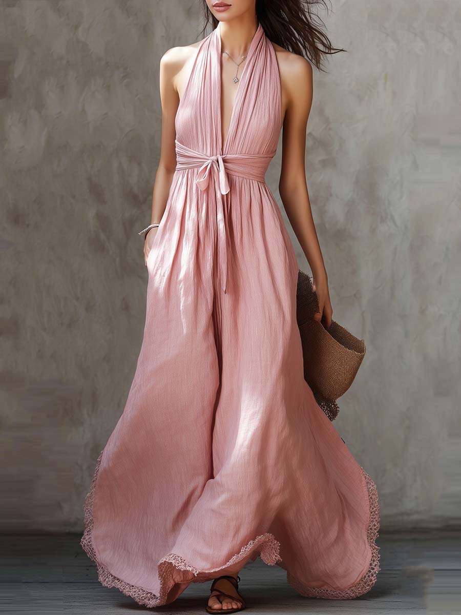 Vintage Halter-neck Lace-hem Cotto Linen Maxi Dress