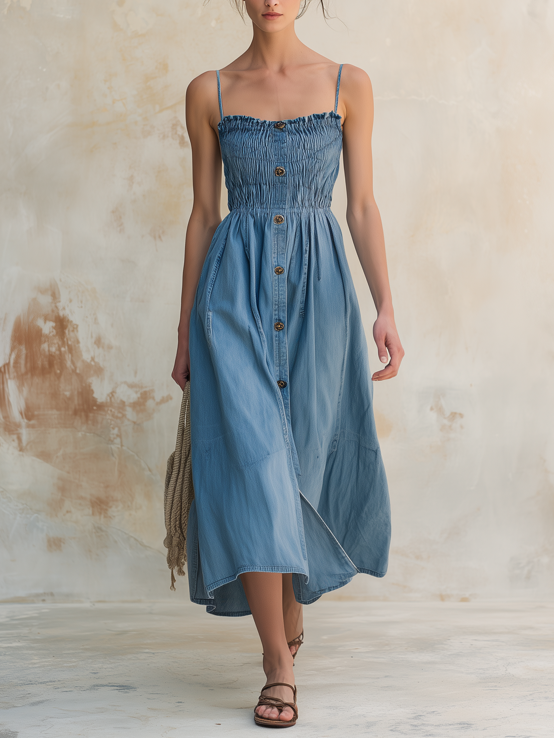 Smocked Bodice Adjustable Strap Denim Midi Dress