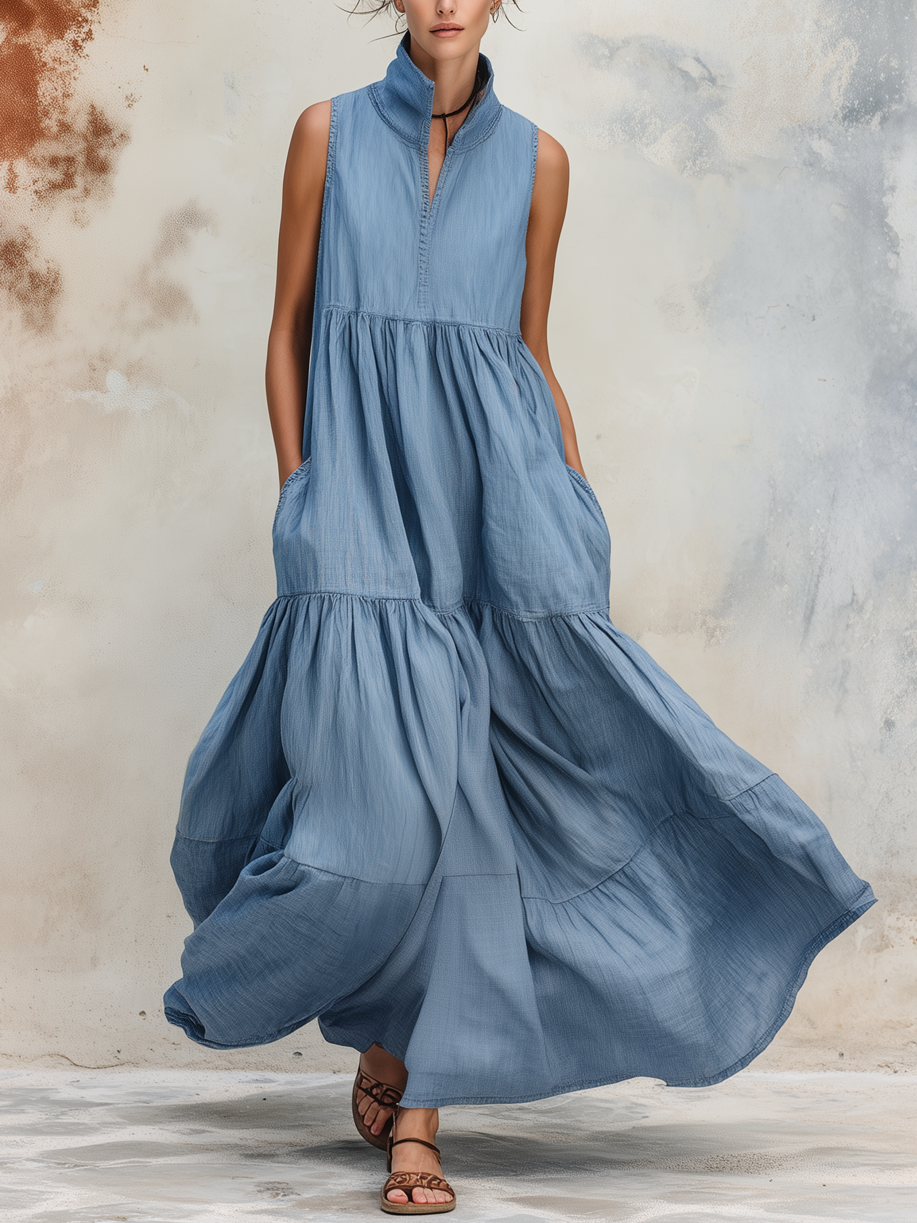 Sleeveless Tiered Tencel Denim Maxi Dress With Pockets
