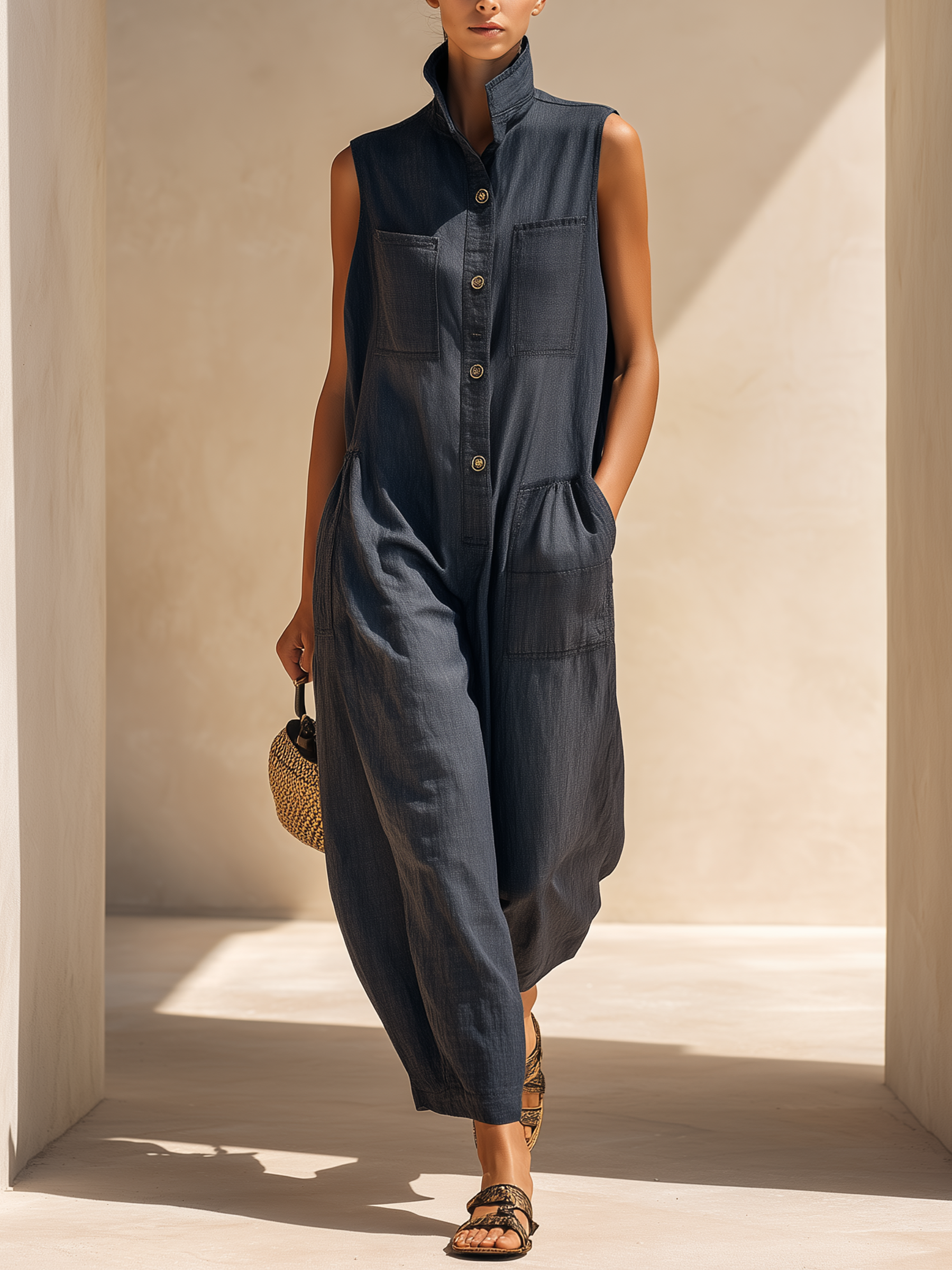 Sleeveless Stand Collar Utility Denim Jumpsuit