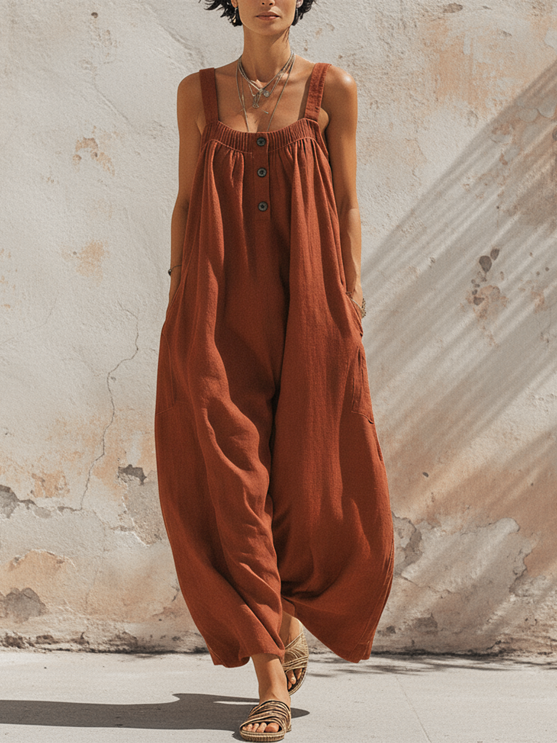 Linen blend loose-fitting wide-leg jumpsuit with buttons and pockets