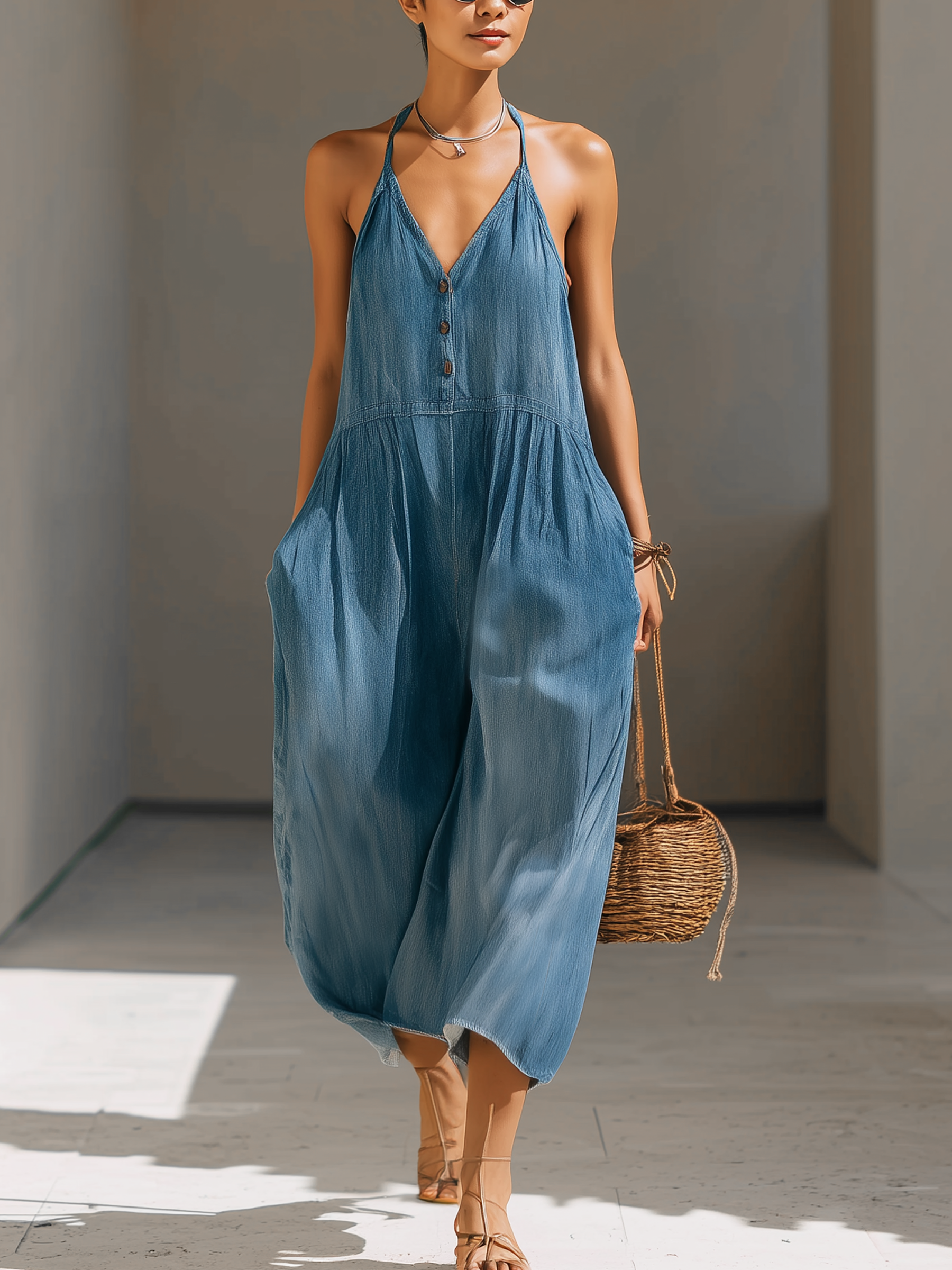 Tencel Denim Wide-Leg Jumpsuit With Straps