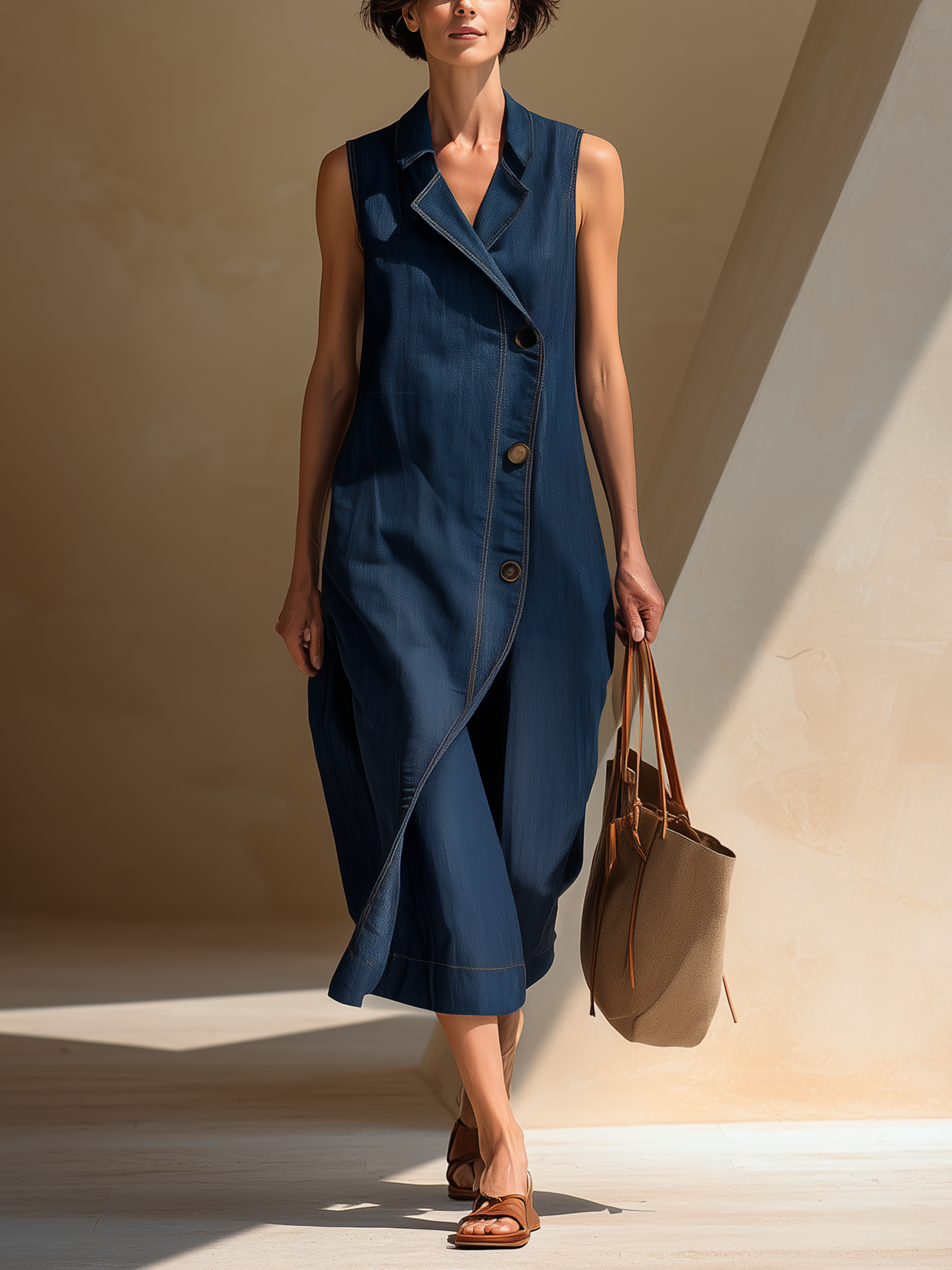 Navy Tencel Denim Sleeveless Wrap Midi Dress