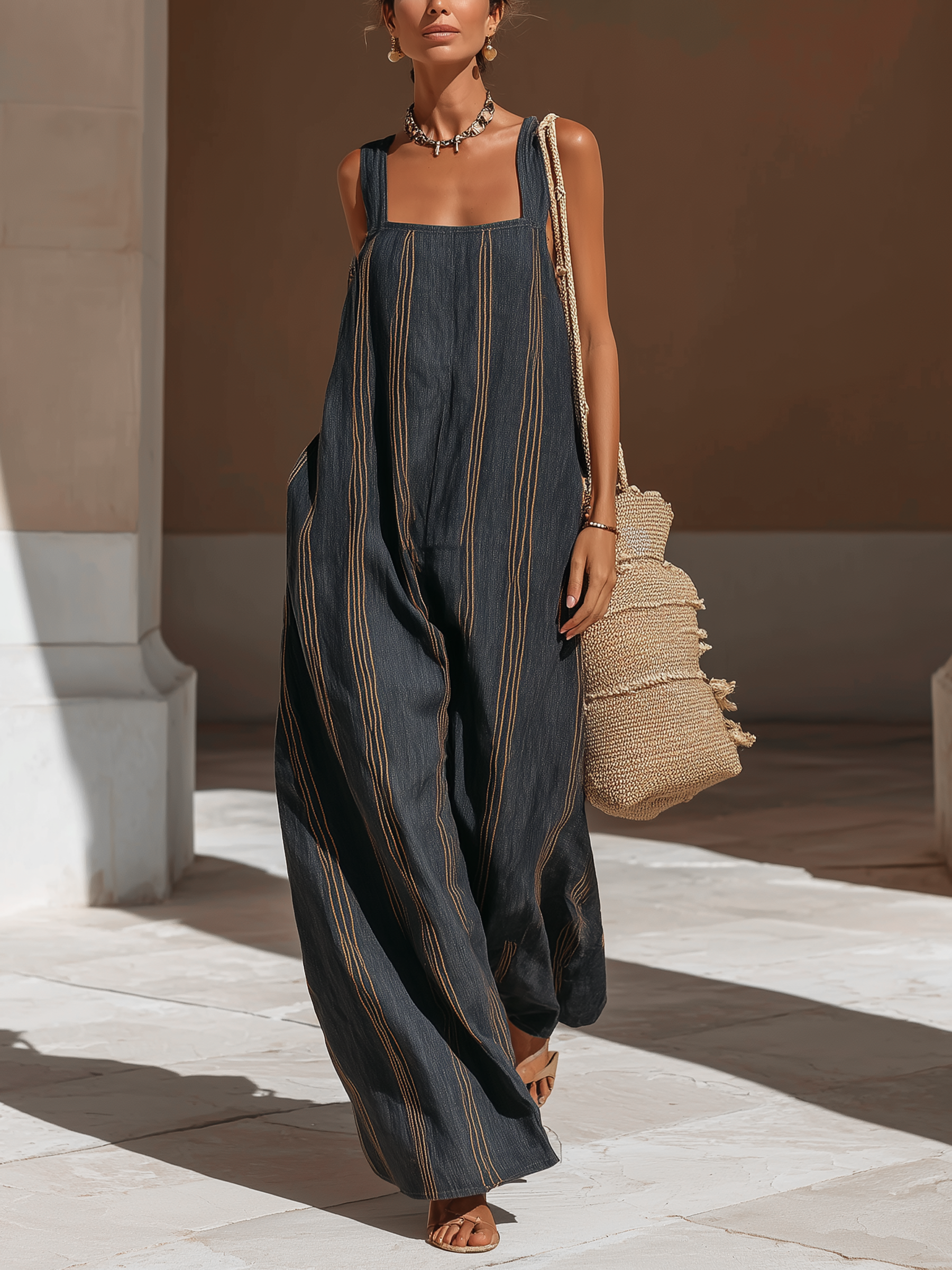 Dark Wash Striped Denim Jumpsuit