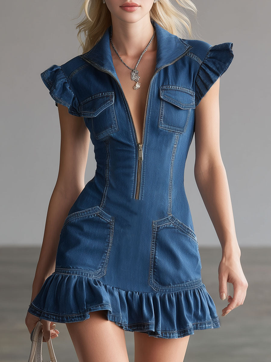 Collared Zippered Multi-pocket Sleeveless Denim Mini Dress