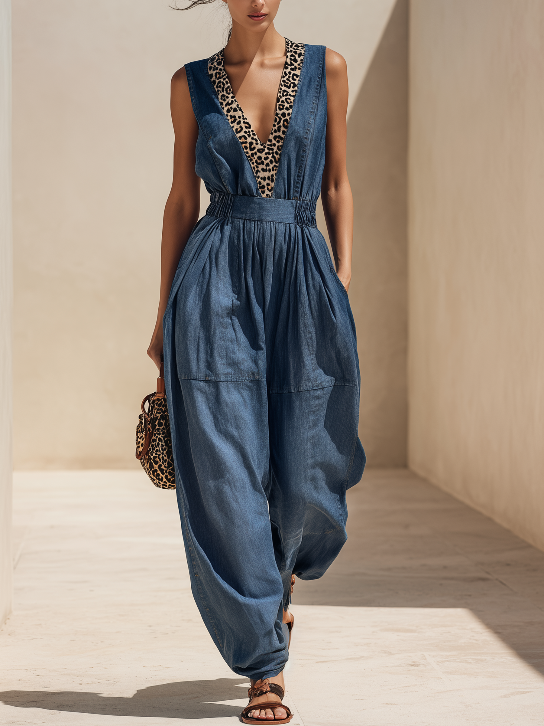Leopard Trim Smocked-Waist Denim Jumpsuit