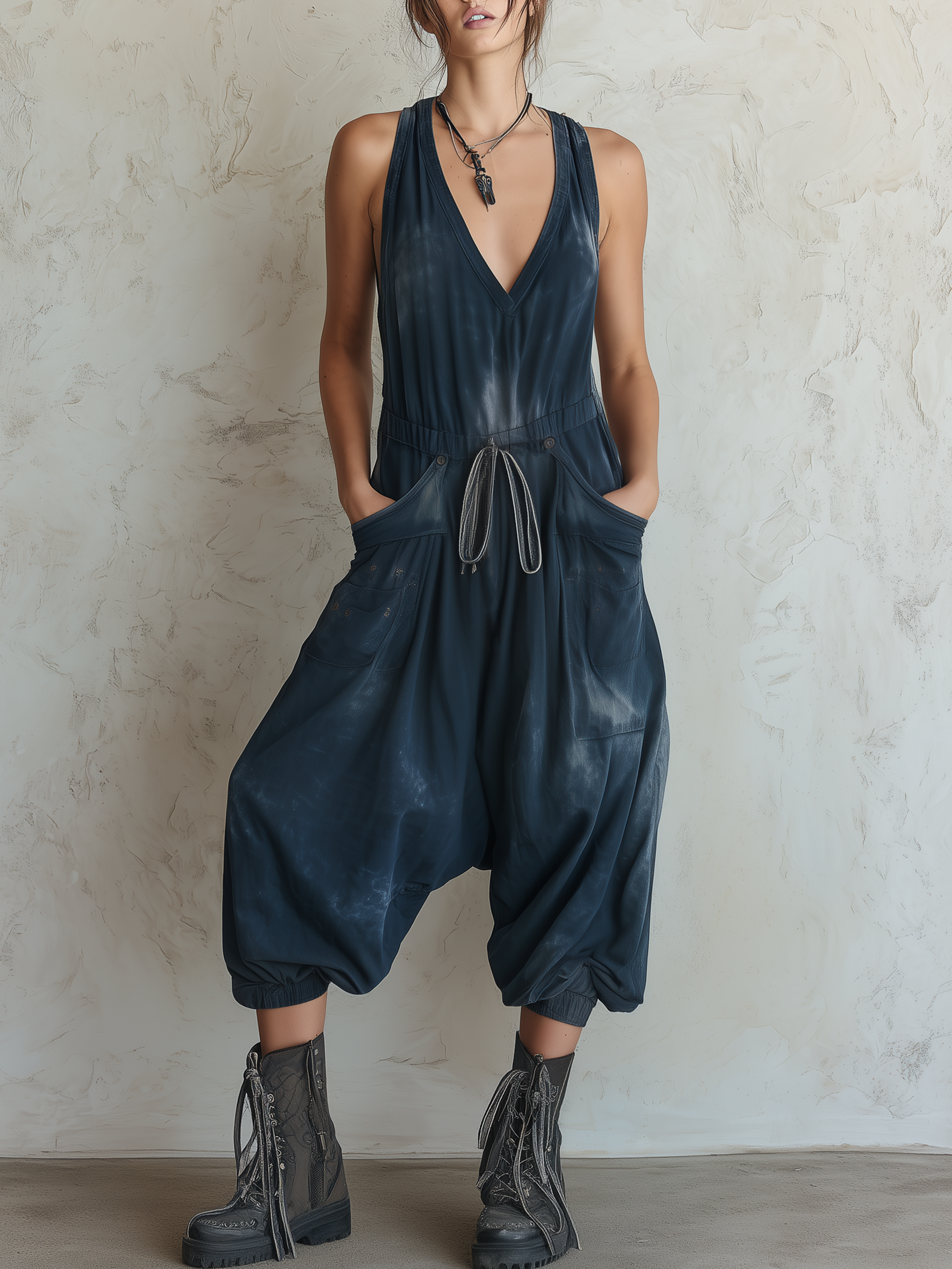 Wash-Dyed Drop-Crotch Cropped Denim Jumpsuit With Drawstring Waist