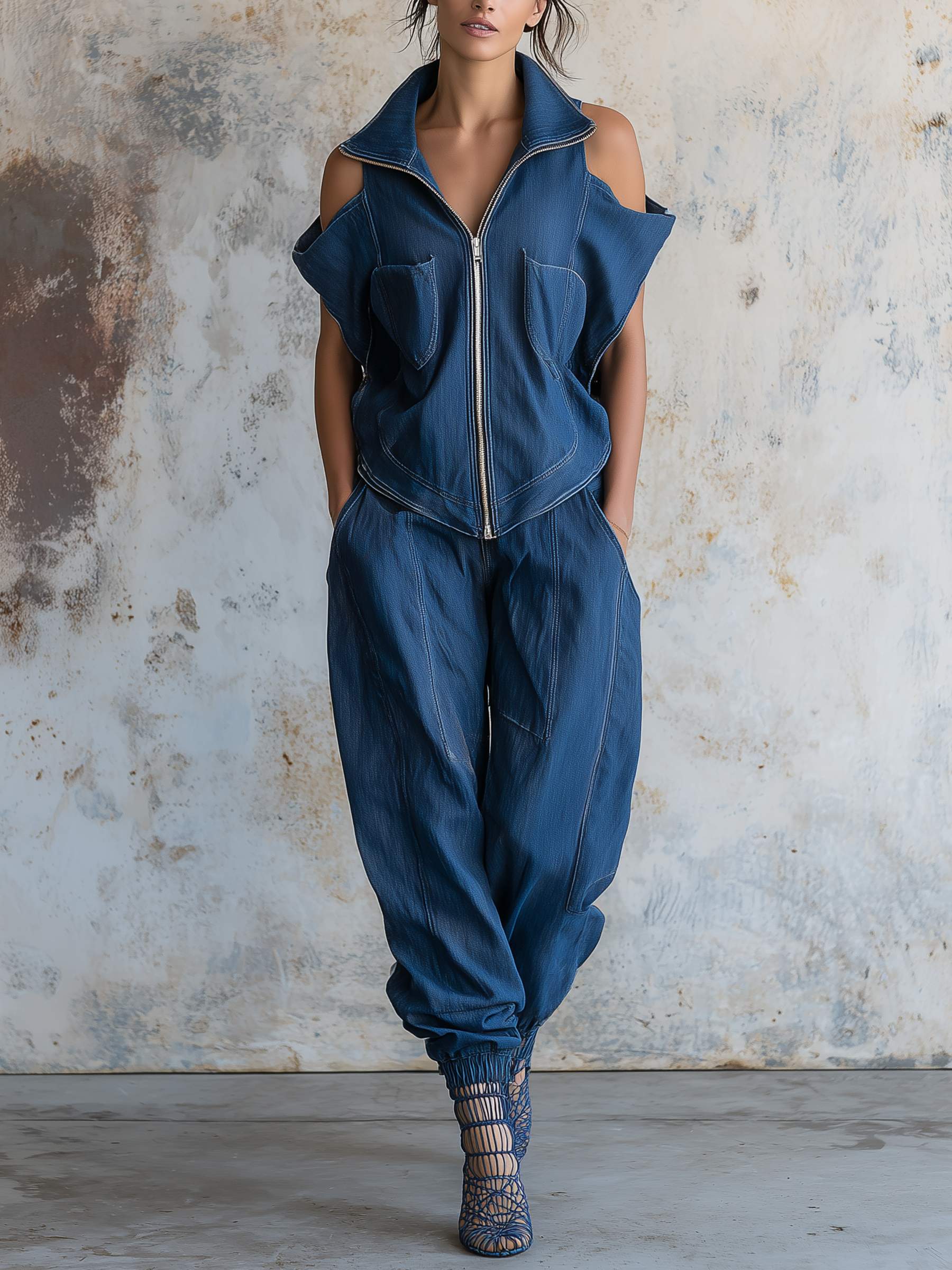 Cold-Shoulder Utility Denim Set