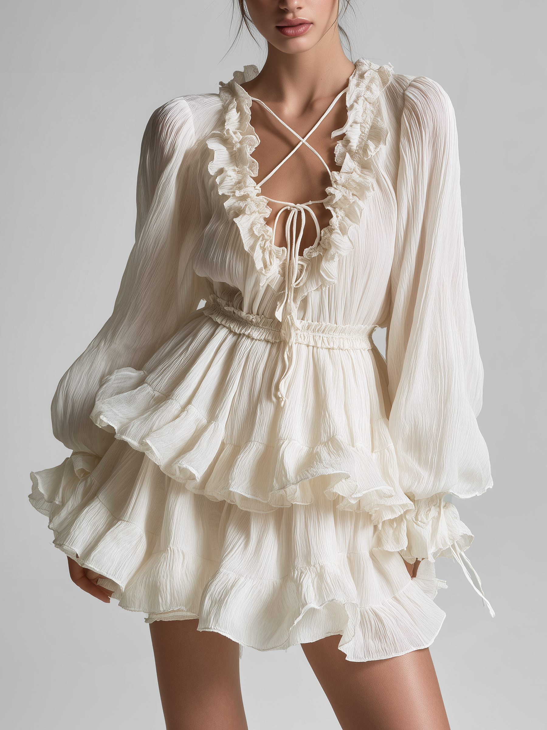 Romantic Ruffle Tie-Front Mini Dress With Long Sleeves