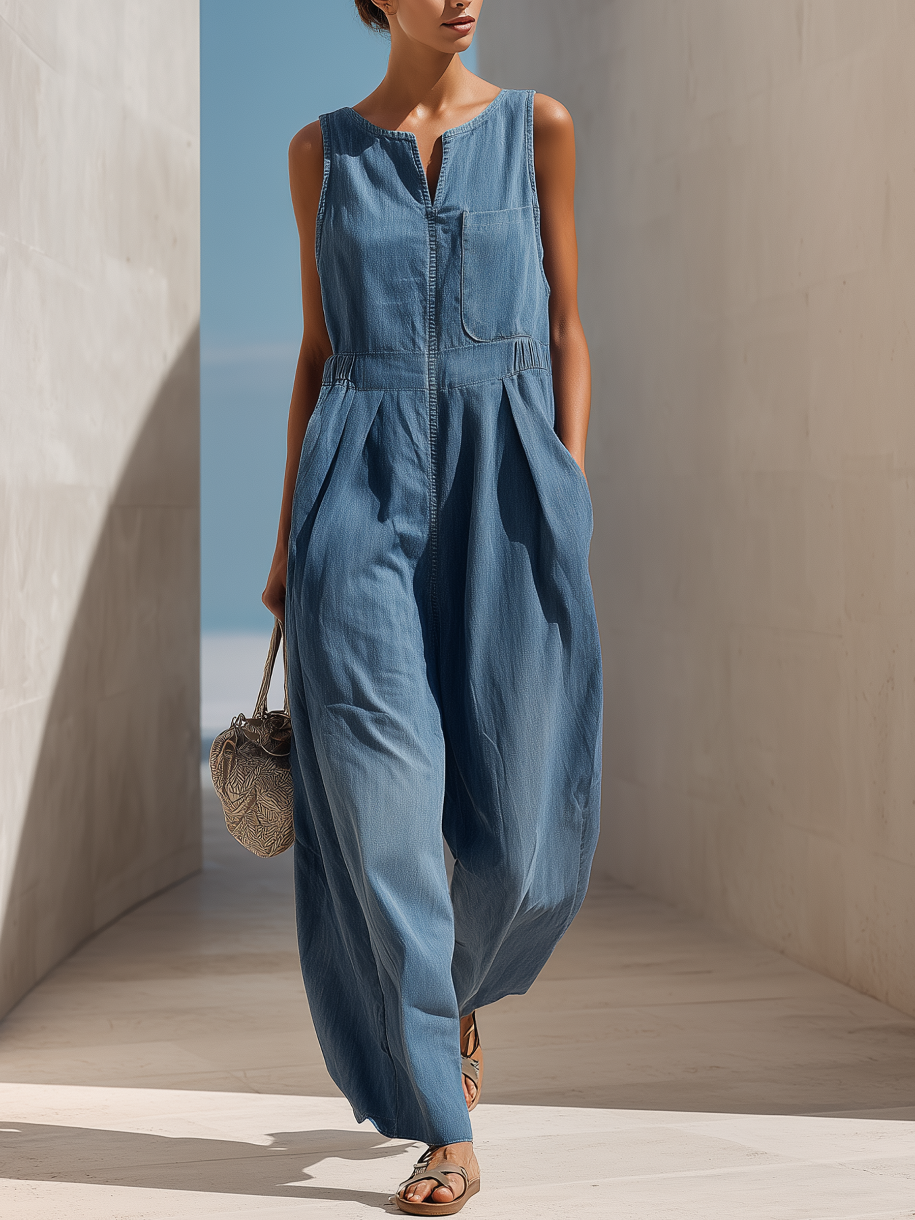 Split Neck Pocket Denim Jumpsuit