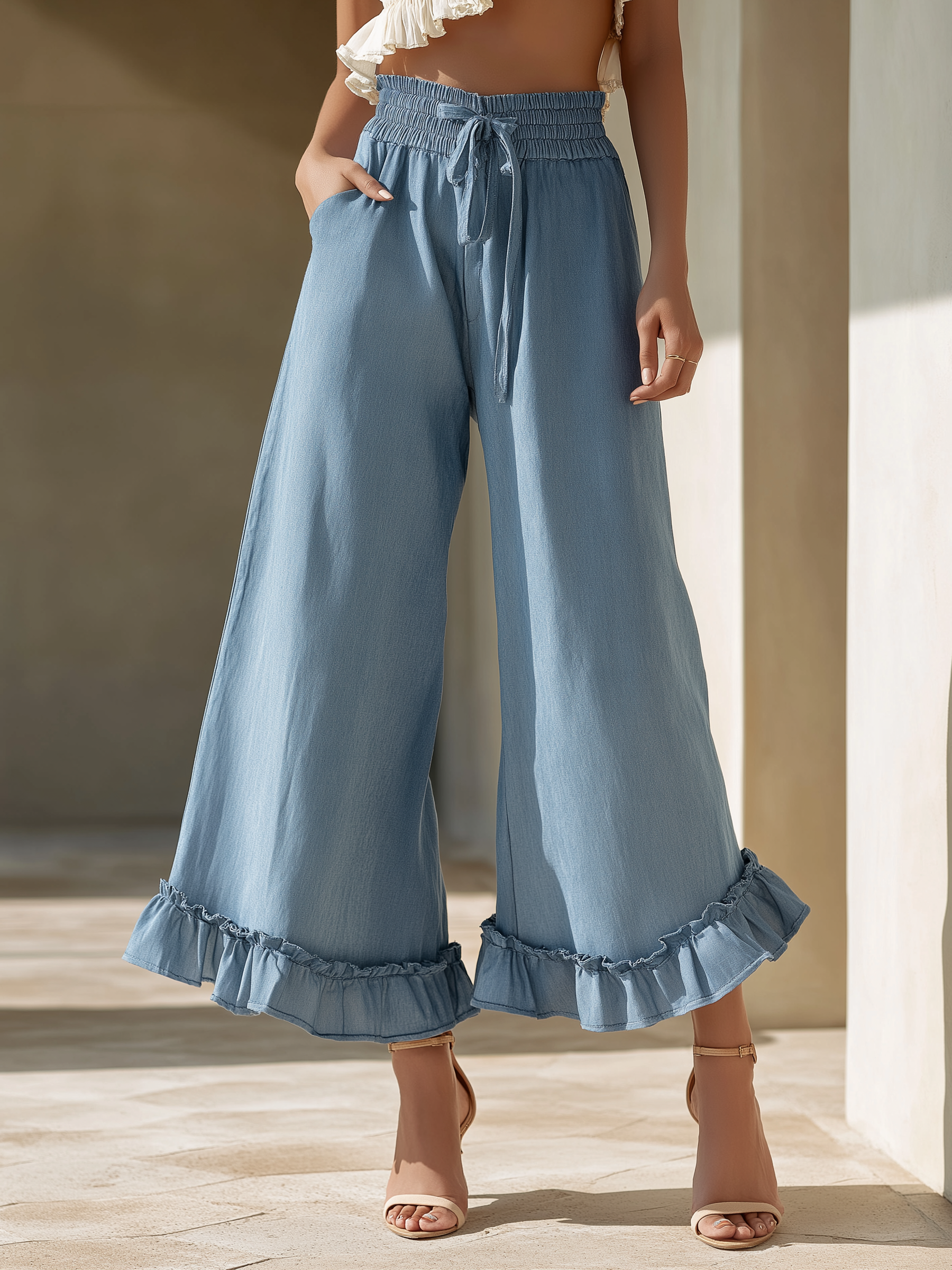 Dusty Blue Tencel Denim Ruffled Ankle-Length Wide-Leg Pants