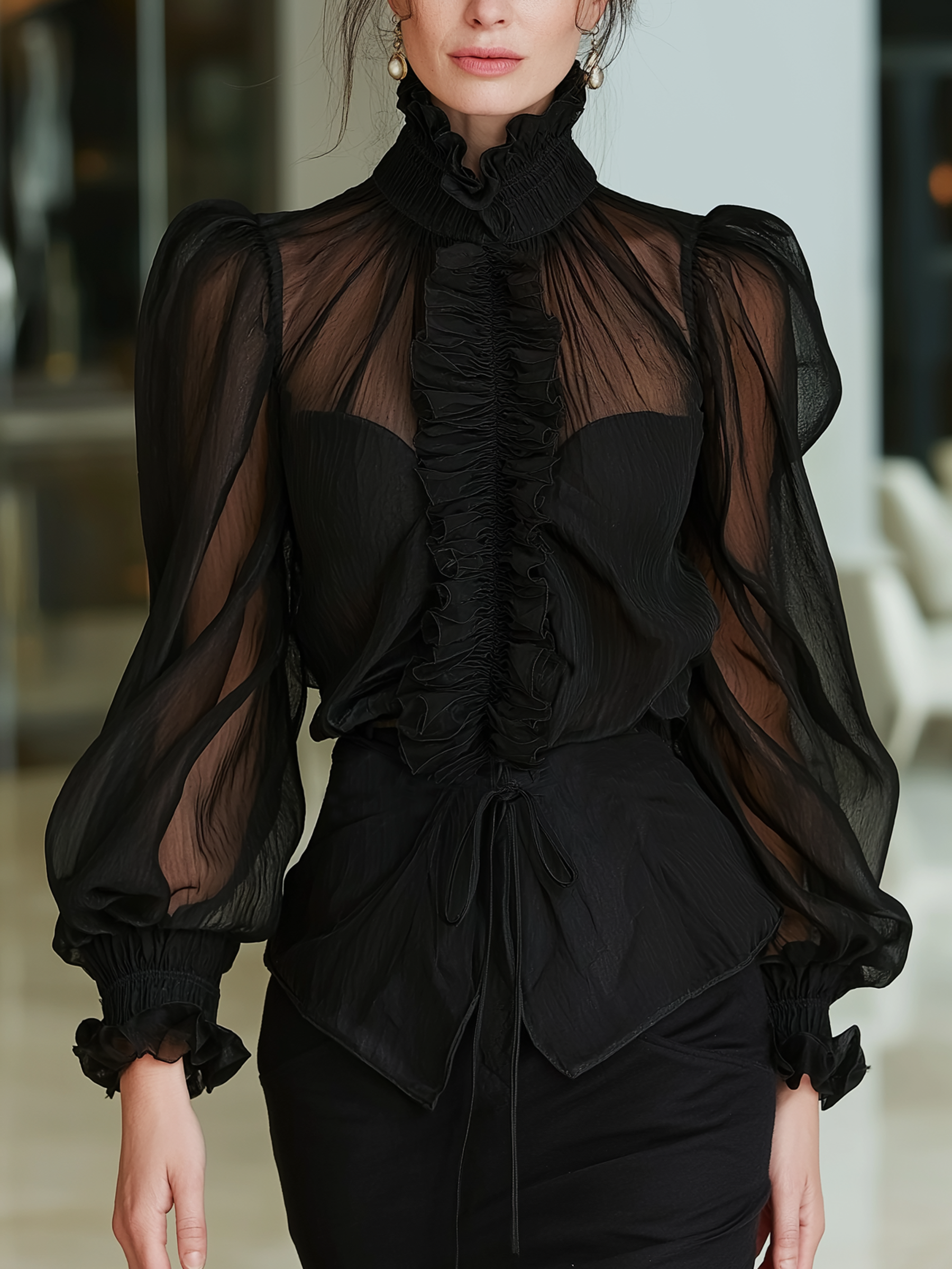 Black Sheer Chiffon Ruffle Blouse – High-Neck Puff Sleeve Romantic Top