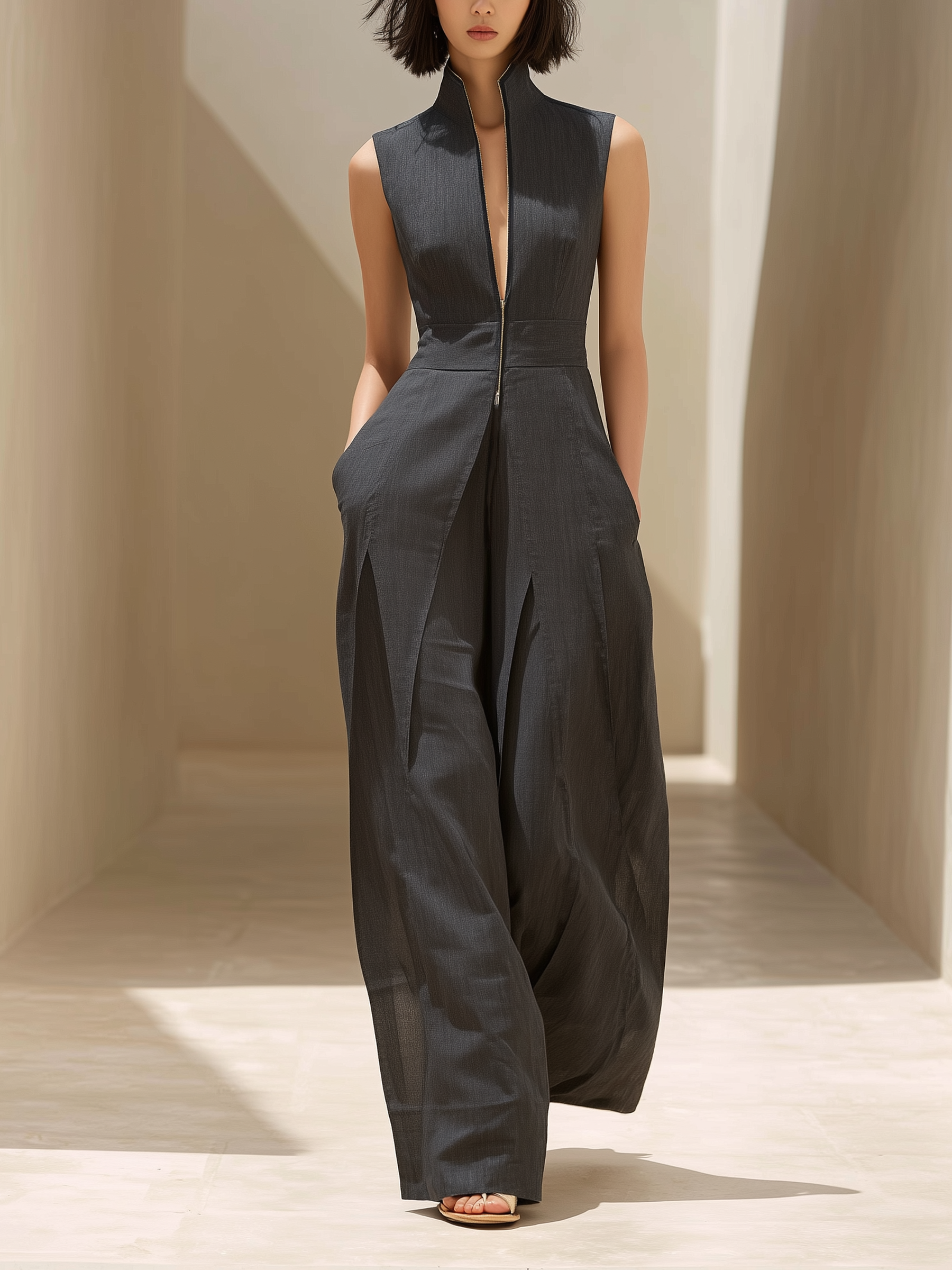 High Neck Zip-Front Wide-Leg Jumpsuit