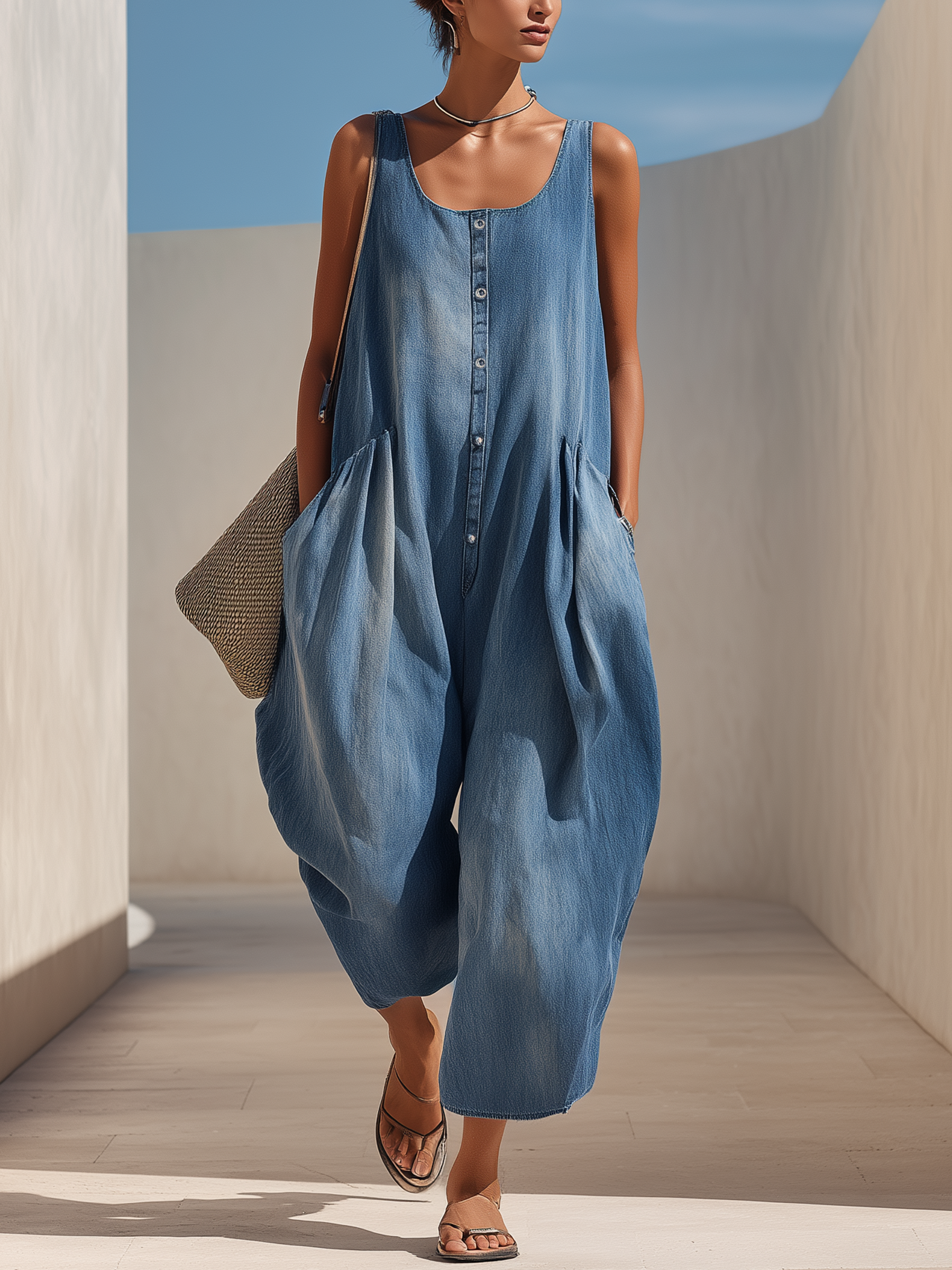 Oversized Pocket Button-Front Denim Jumpsuit