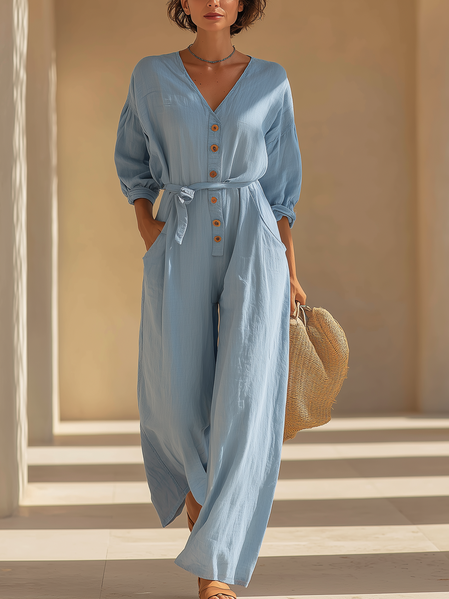 Light Blue Gauze Cotton V-Neck Button-Front Jumpsuit With Waist Tie