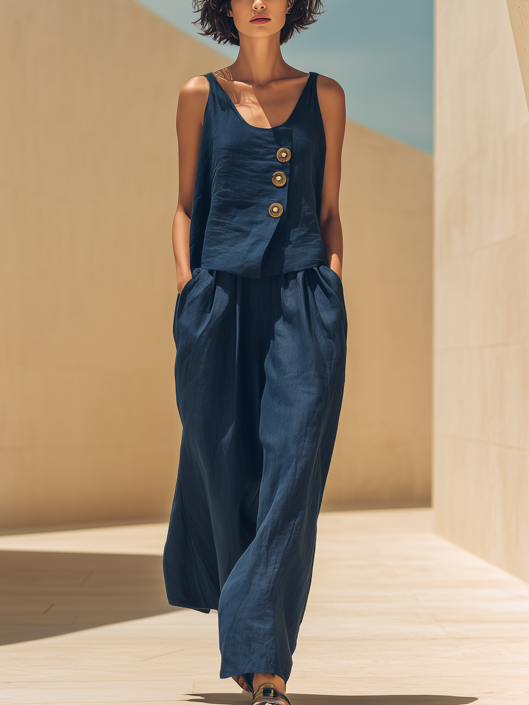 Navy Denim Two-Piece Set (Sleeveless Top + Wide-Leg Pants)