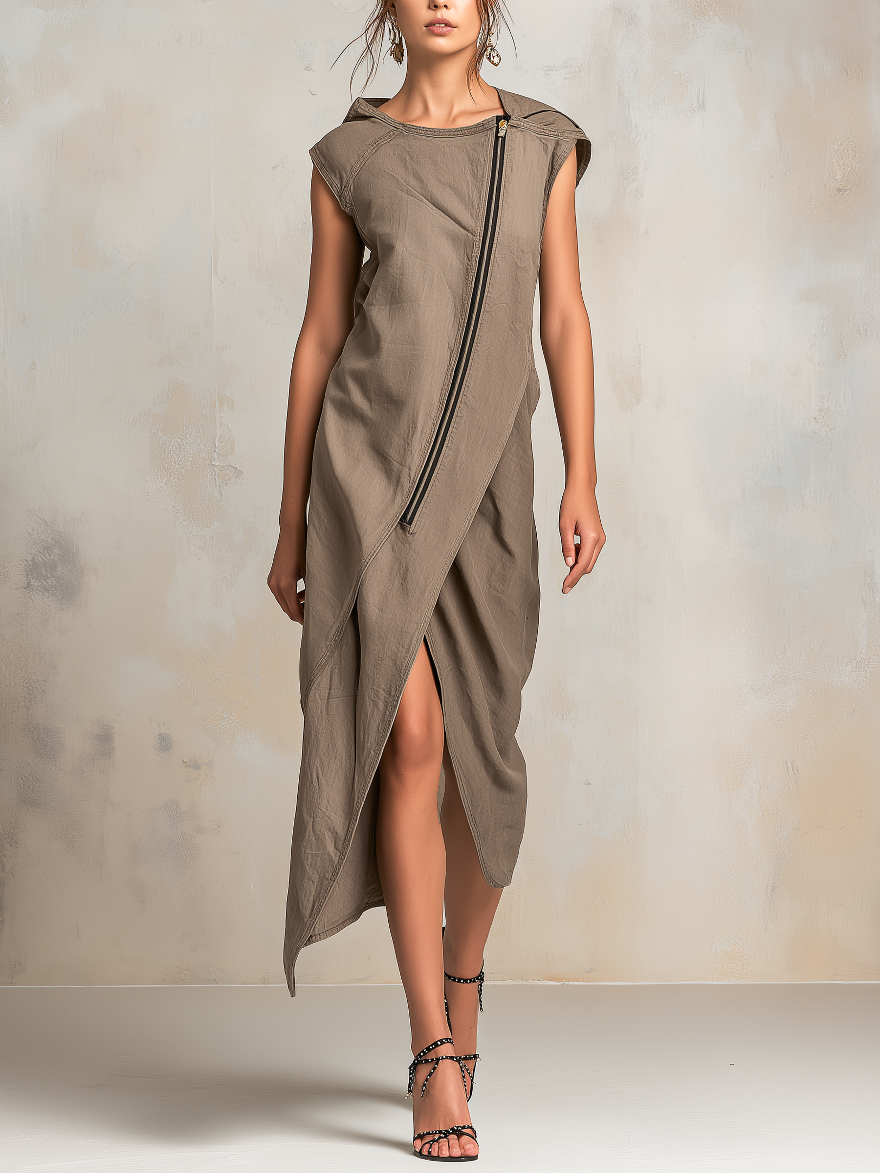 Asymmetrical Zip-Front Hooded Denim Midi Dress