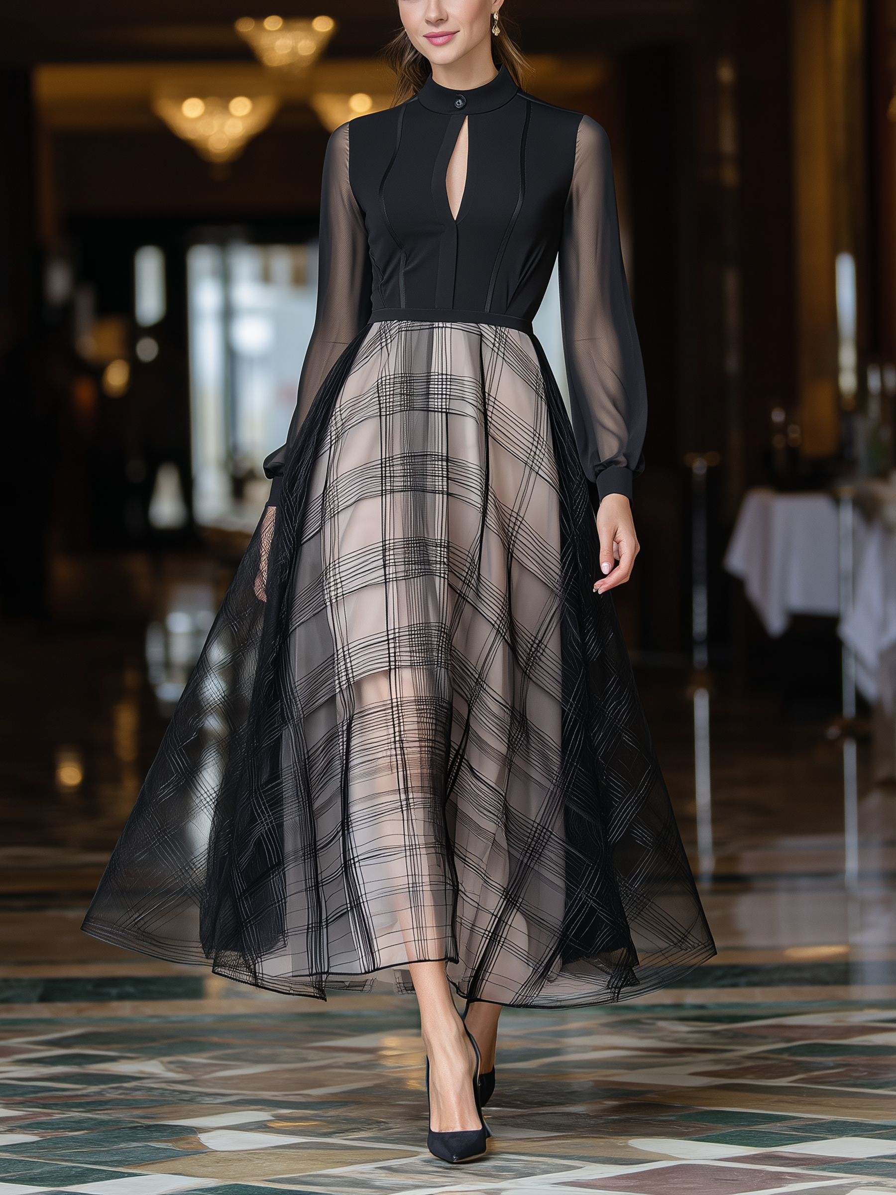 Black Chiffon Bodice & Plaid Organza Maxi Dress