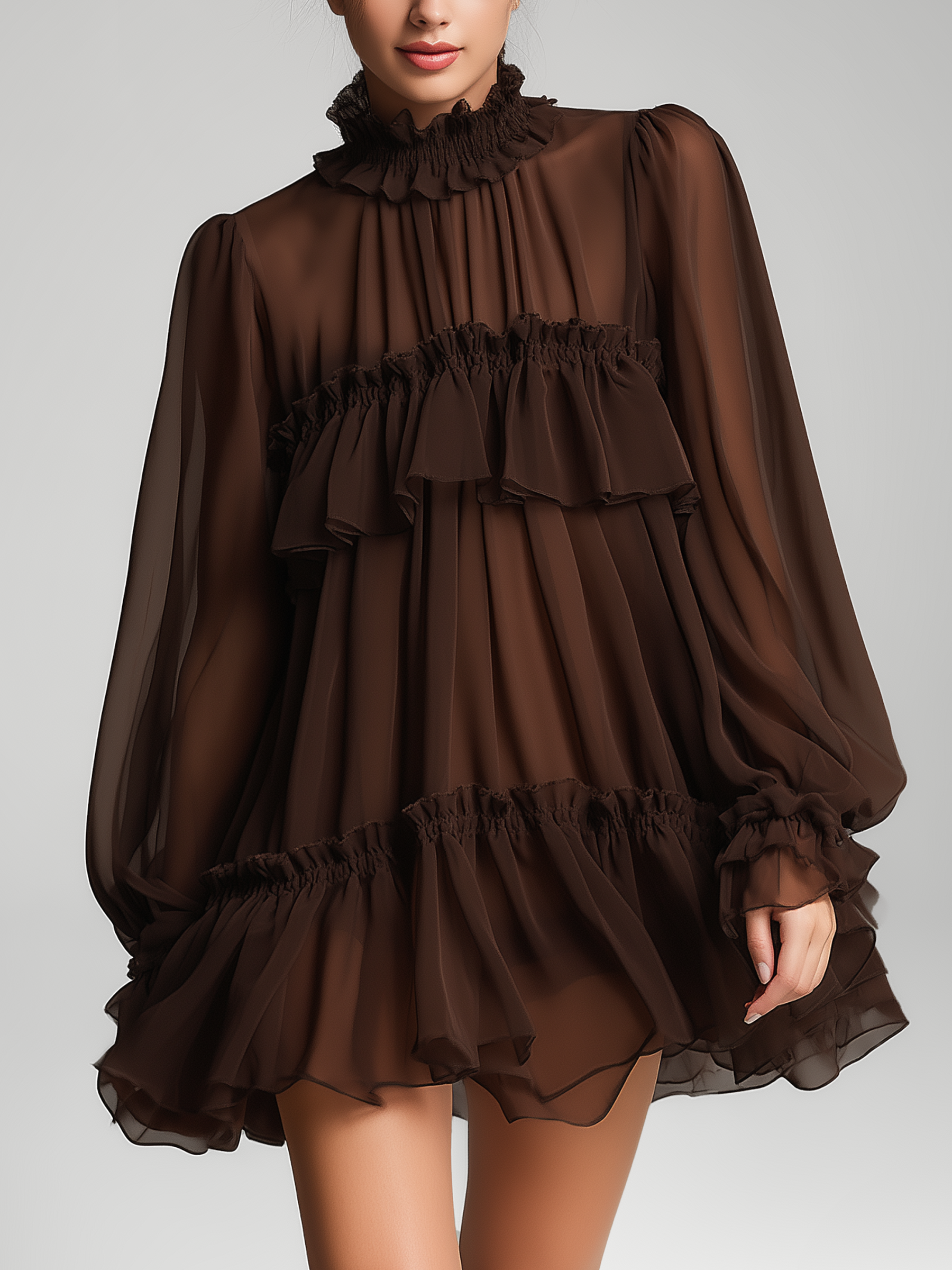 Chocolate Brown Sheer Chiffon Tiered Ruffle Turtleneck Puff Sleeve Mini Dress