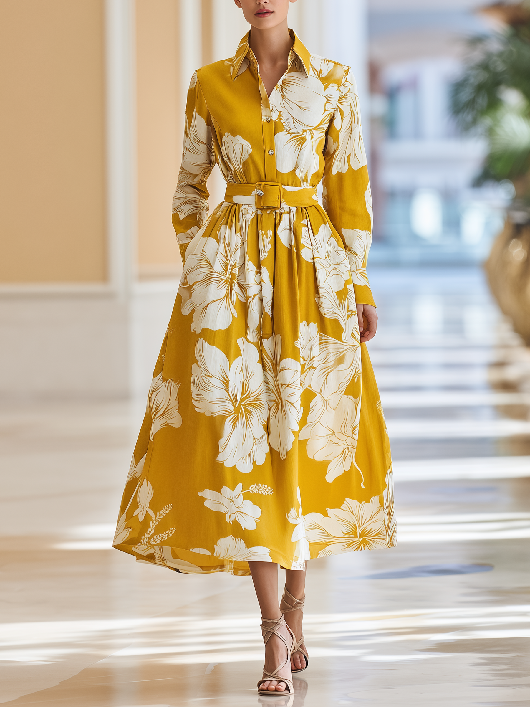 Mustard Yellow Hibiscus Print Cotton-Linen Shirt Midi Dress