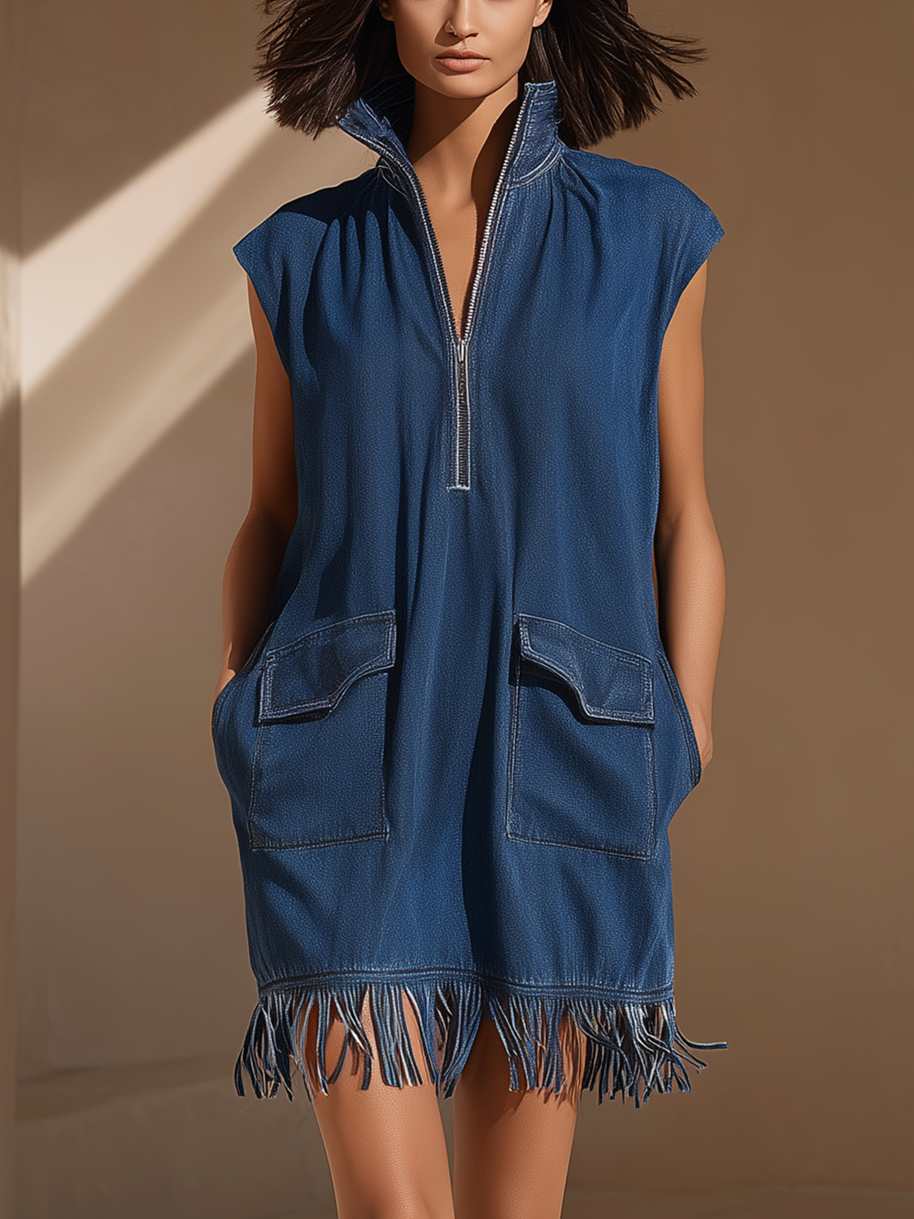 Fringed Utility Mini Denim Dress