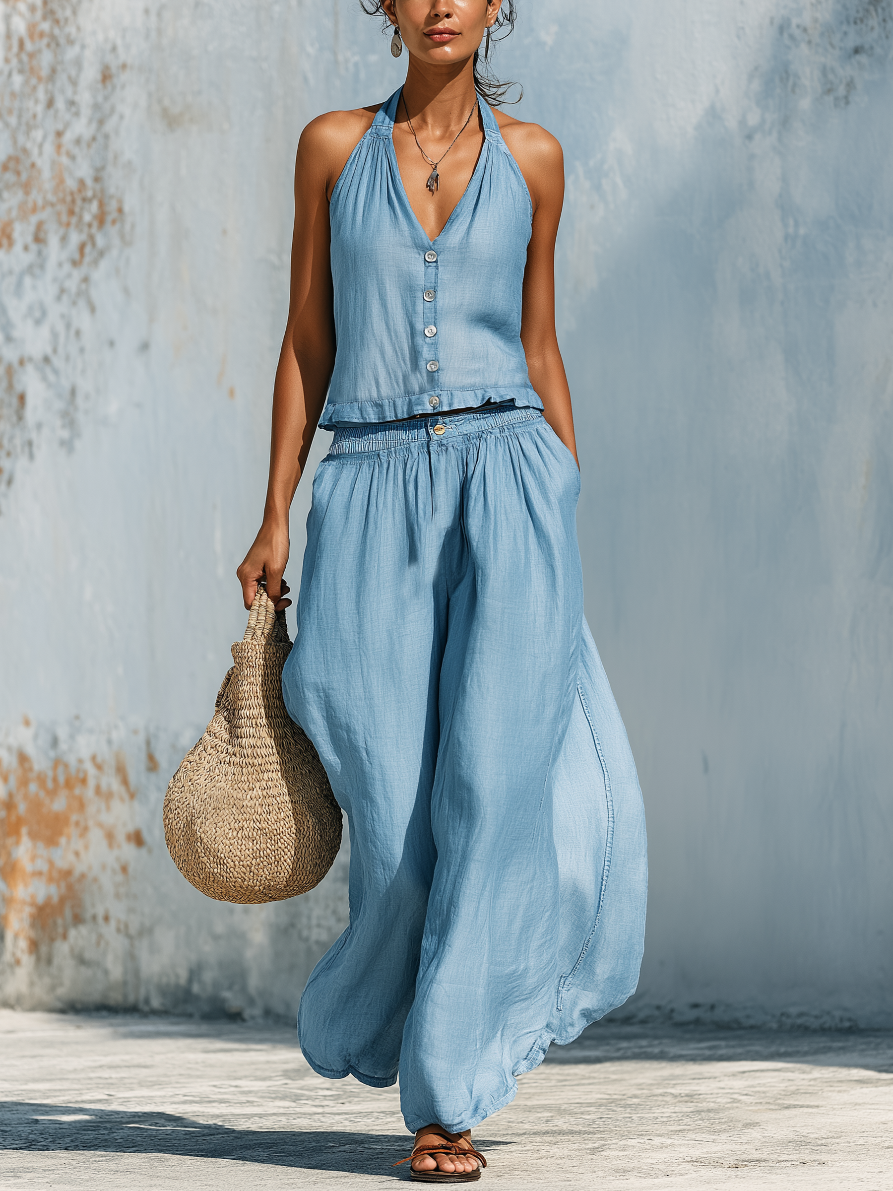 Women's Lightweight Denim Halter & Wide-Leg Pants Set