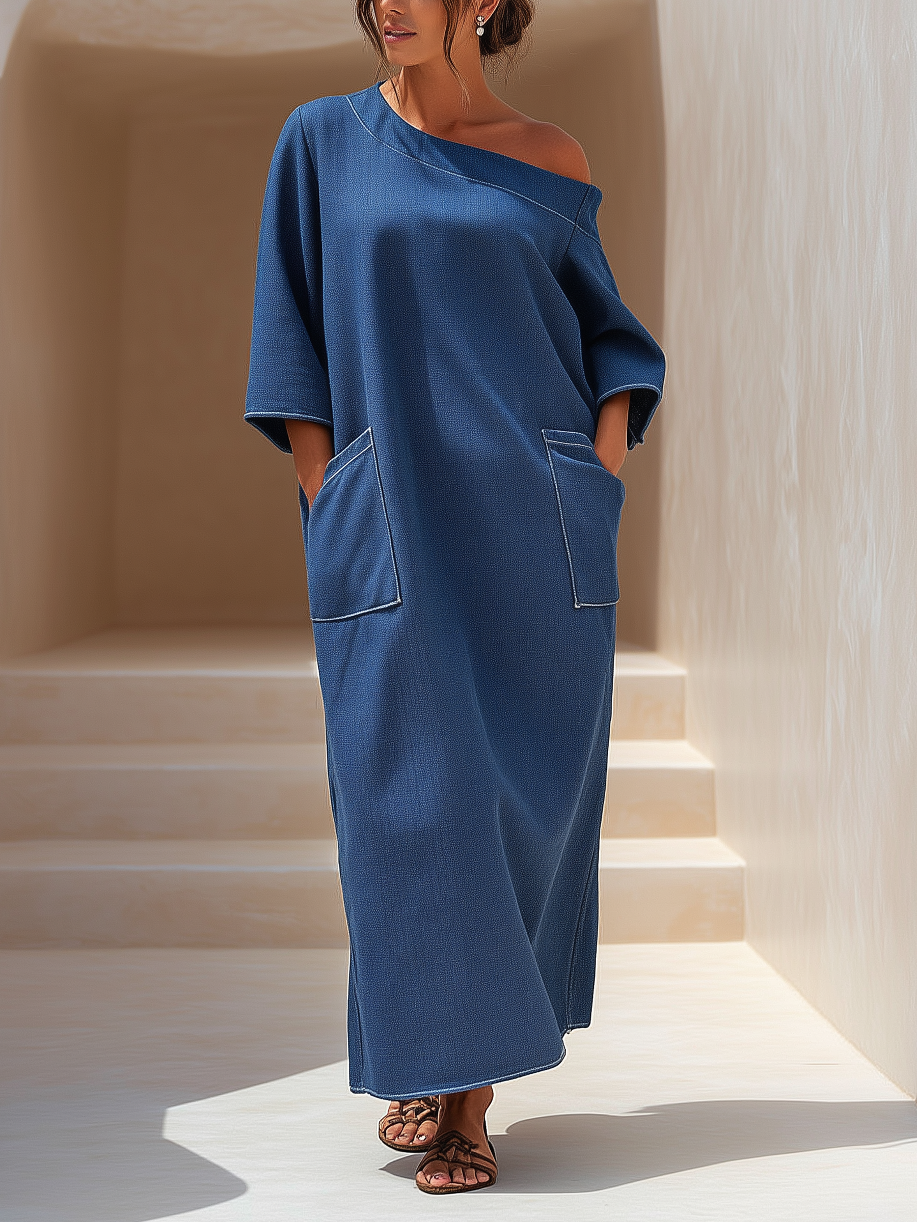 Mid Blue One-Shoulder Oversized Denim Maxi Dress