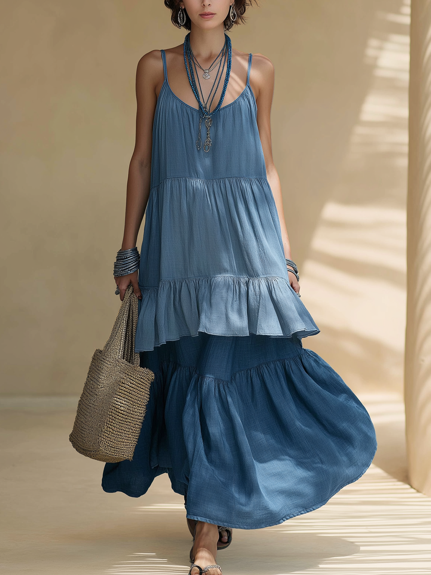 Ombre Tiered Ruffle Tencel Denim Maxi Dress