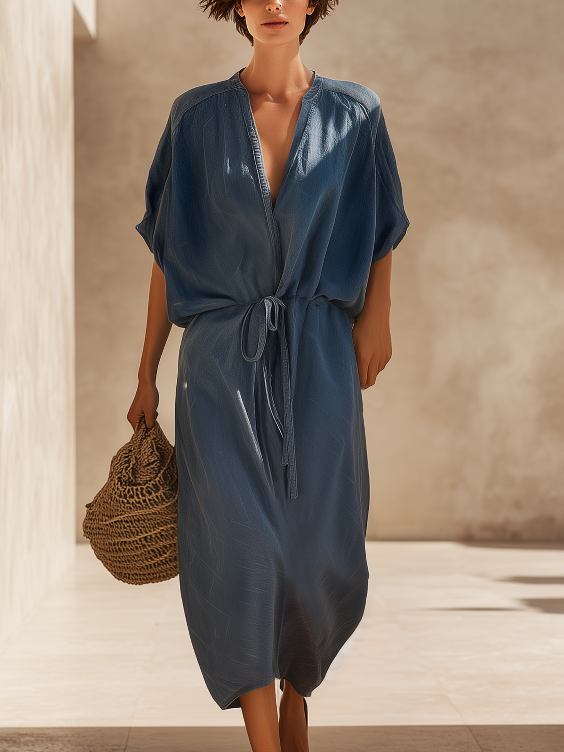 Light Blue Tencel Denim Drawstring Waist Midi Dress