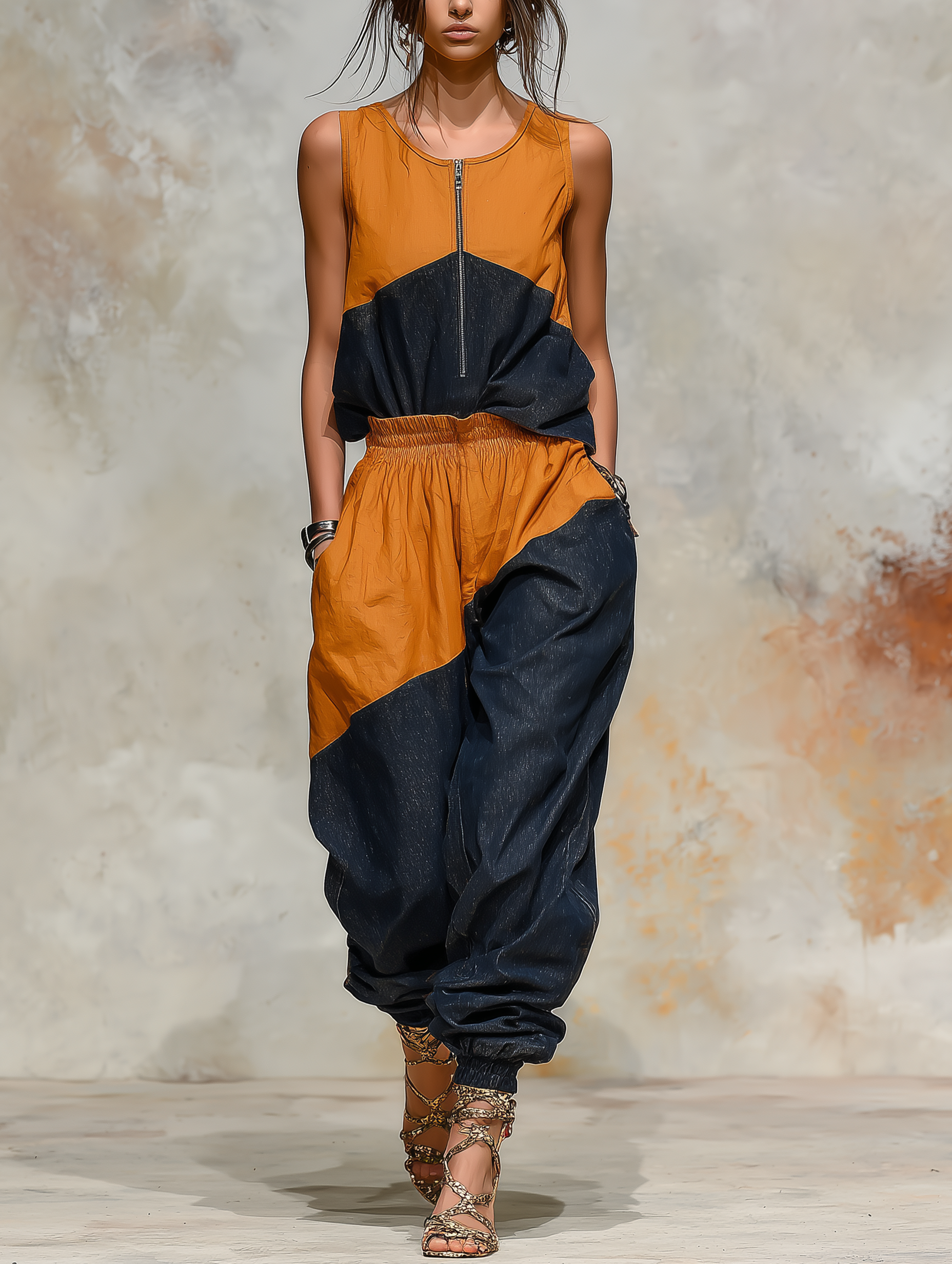 Color-Blocked Harem Denim Set