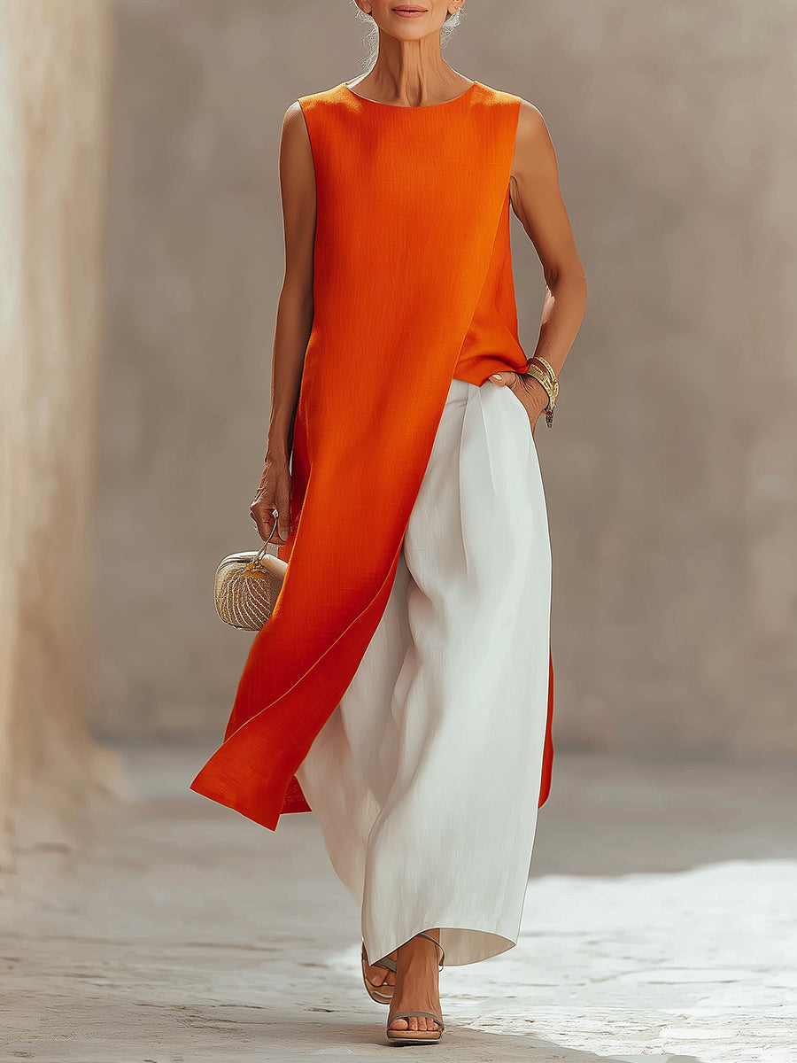 Elegant Front Slit Sleeveless Blouse & Nine-point Wide-leg Pants Set