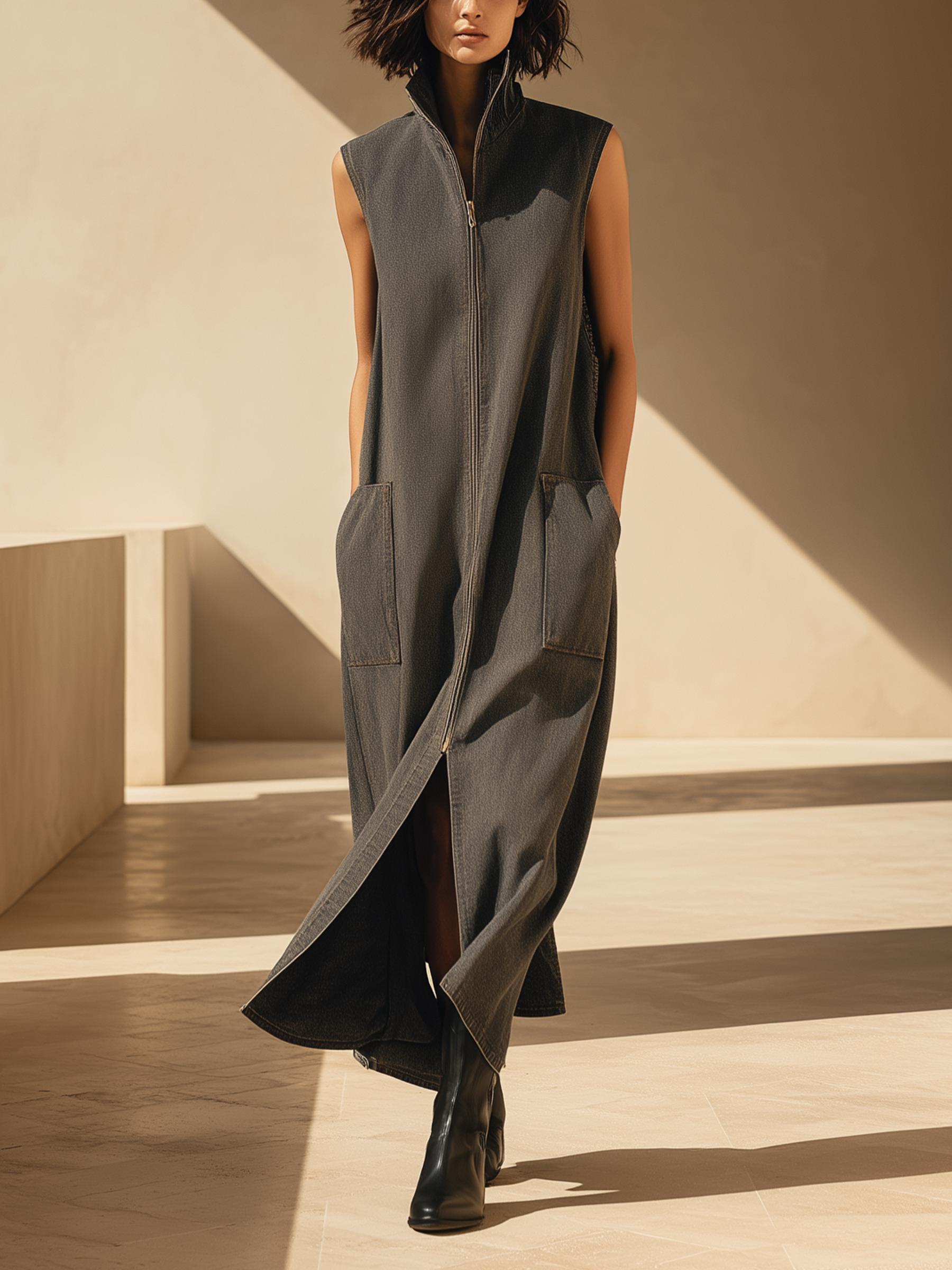 Dark Wash Zip-Front Sleeveless Denim Maxi Dress
