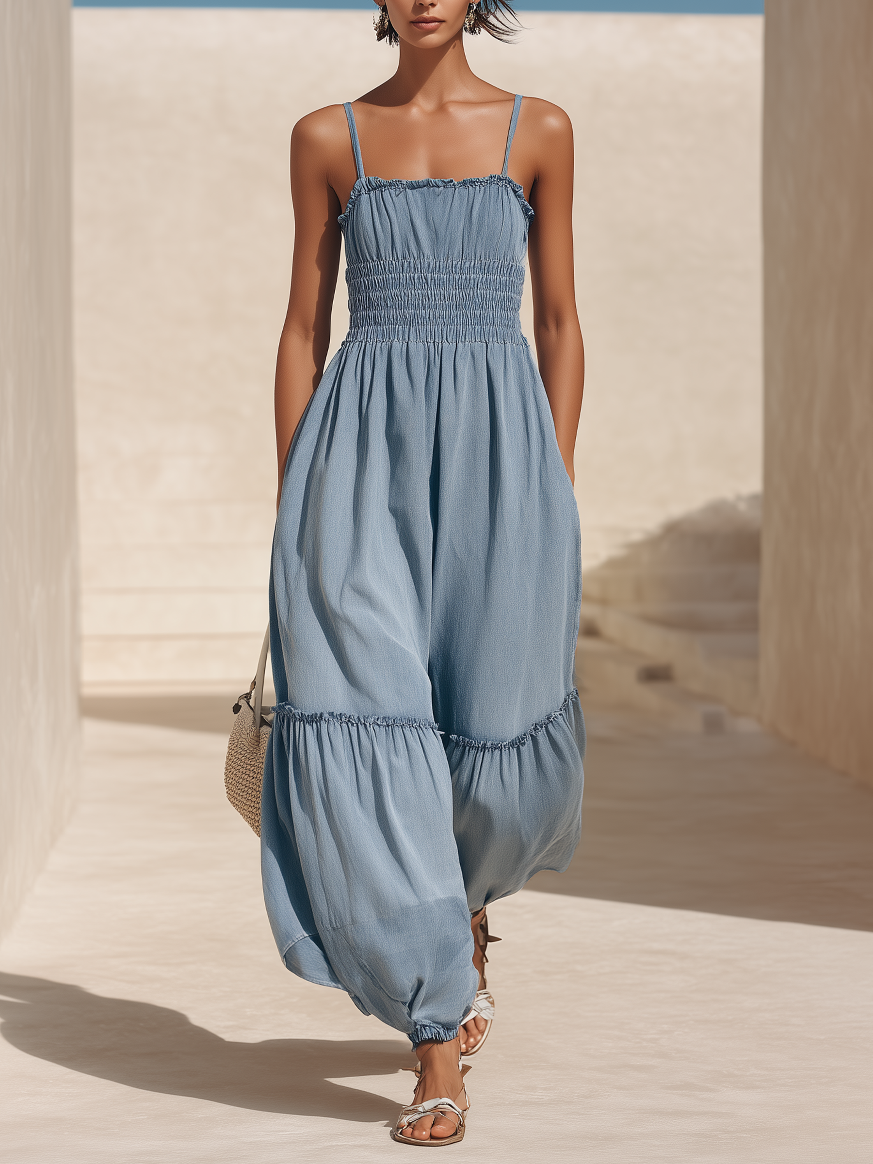 Smocked Ruffle Tiered Denim Jumpsuit