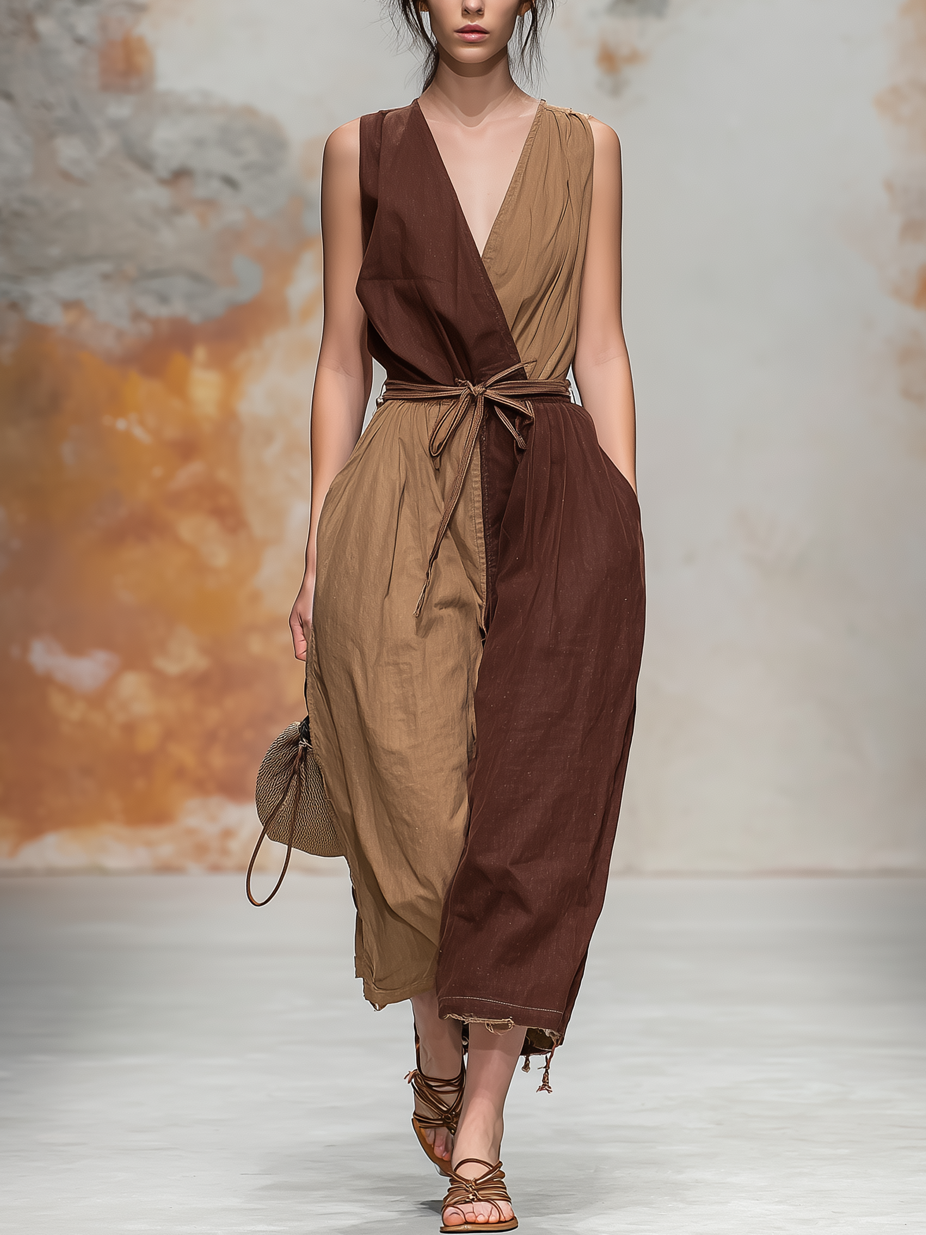 Two-Tone Sleeveless Wrap Jumpsuit