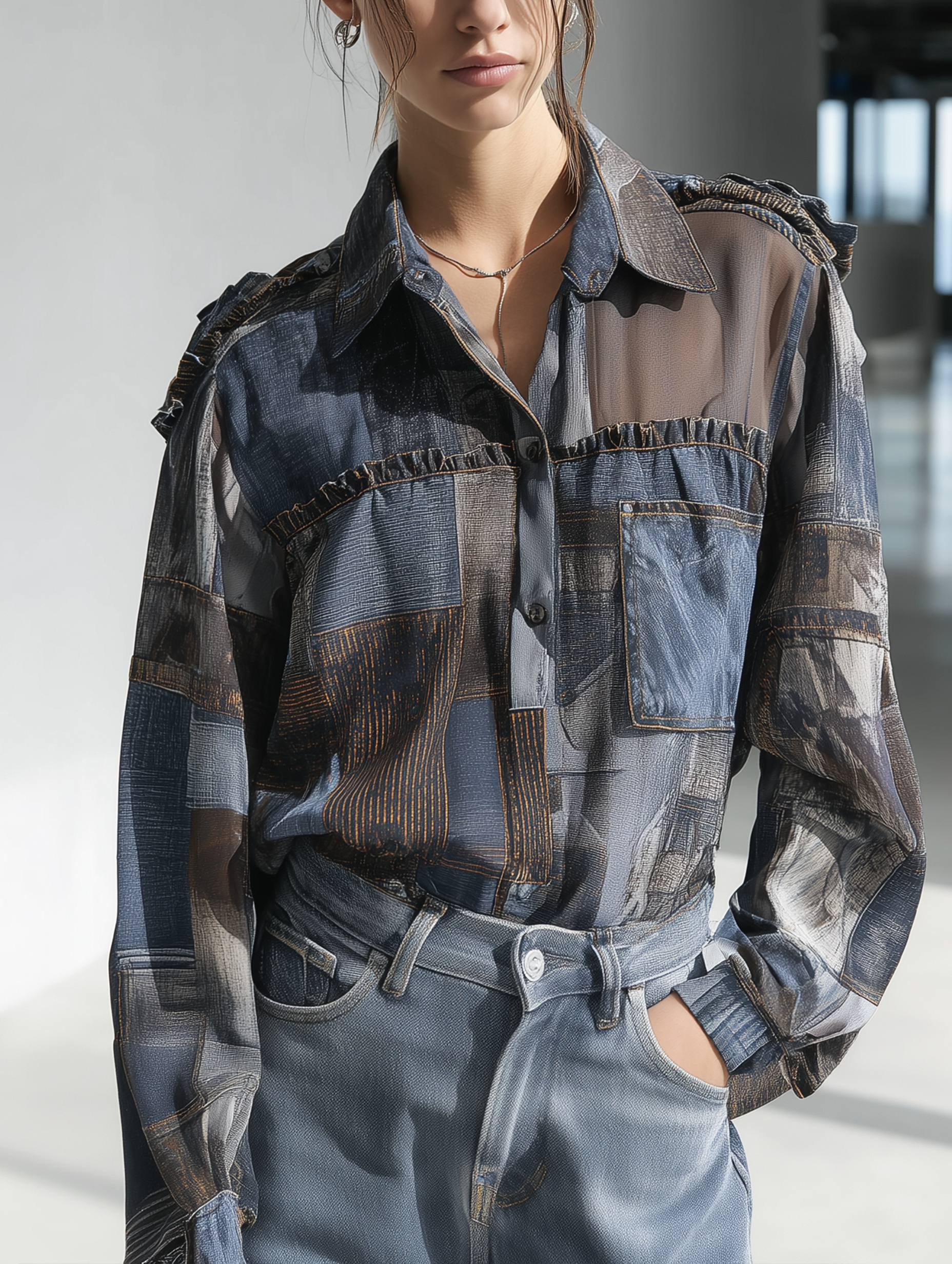Sheer Georgette Faux Denim Print Shirt