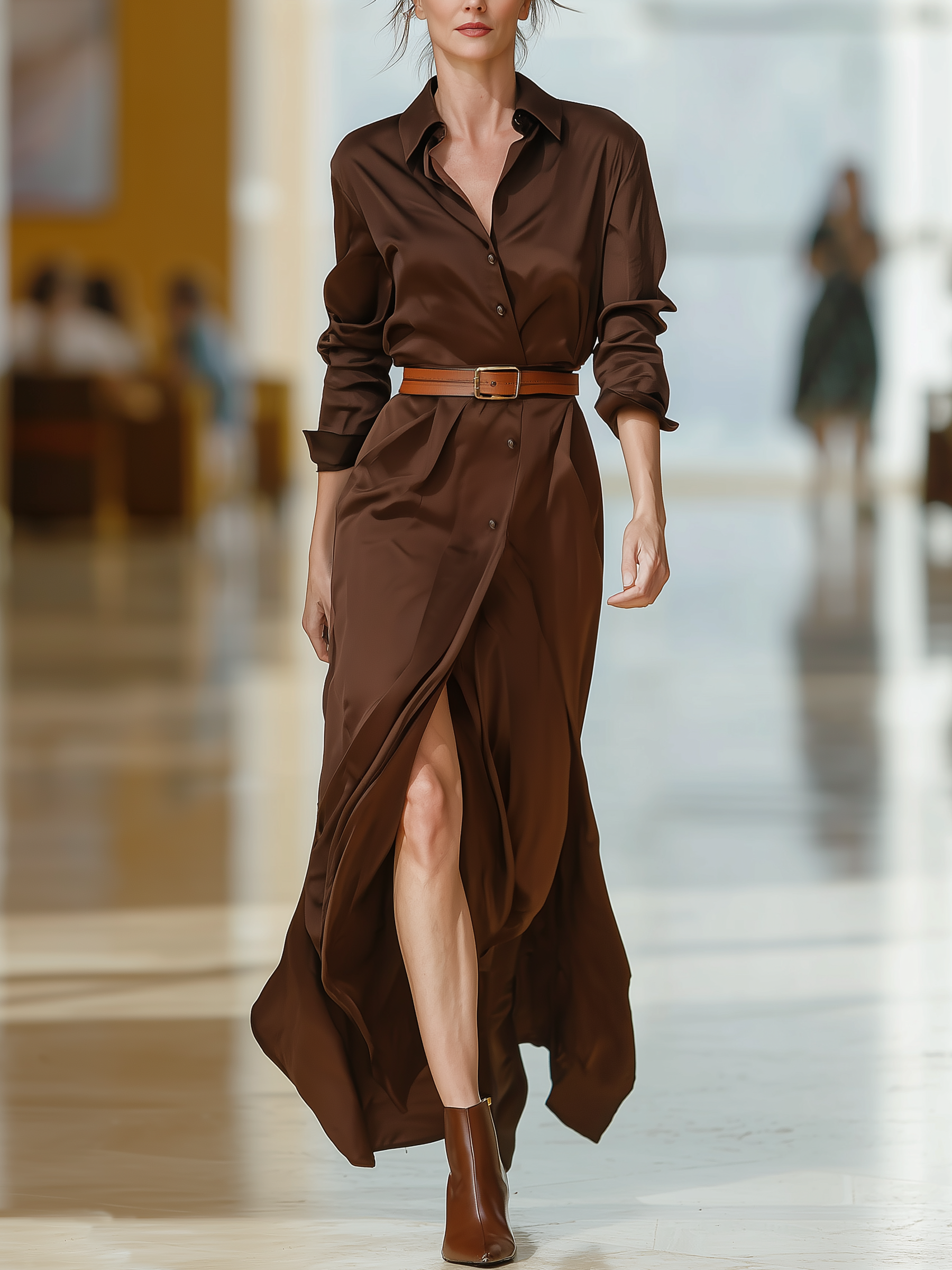 Chocolate Brown Satin Shirt Maxi Dress – Long-Sleeved Ankle-Length Dress With Belt And Slit