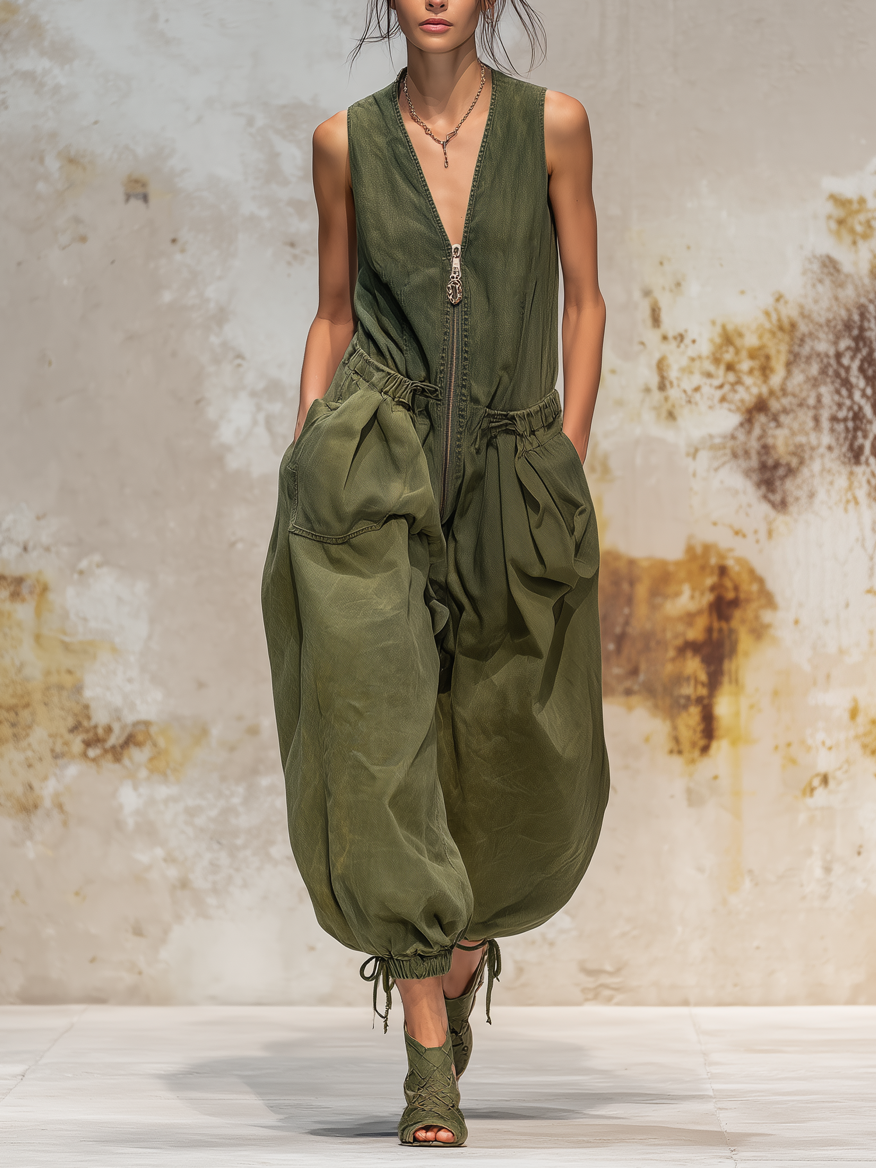 Sleeveless V-Neck Harem Denim Jumpsuit