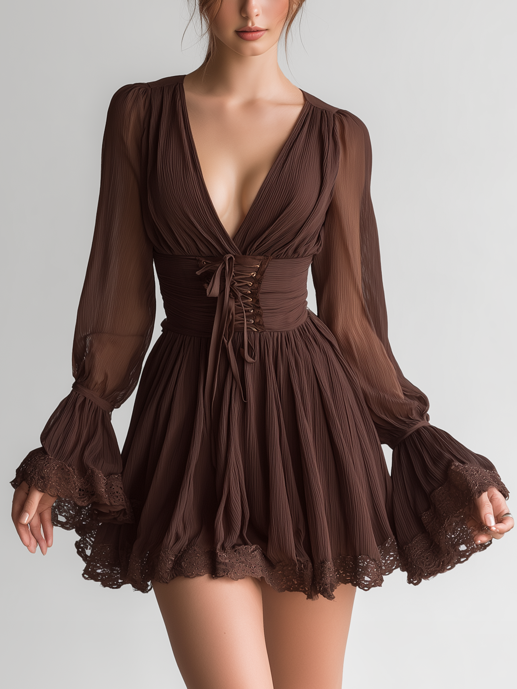 Deep V-Neck Pleated Chiffon Mini Dress - Vintage Lace Trim And Tie Waist Flared Sleeves