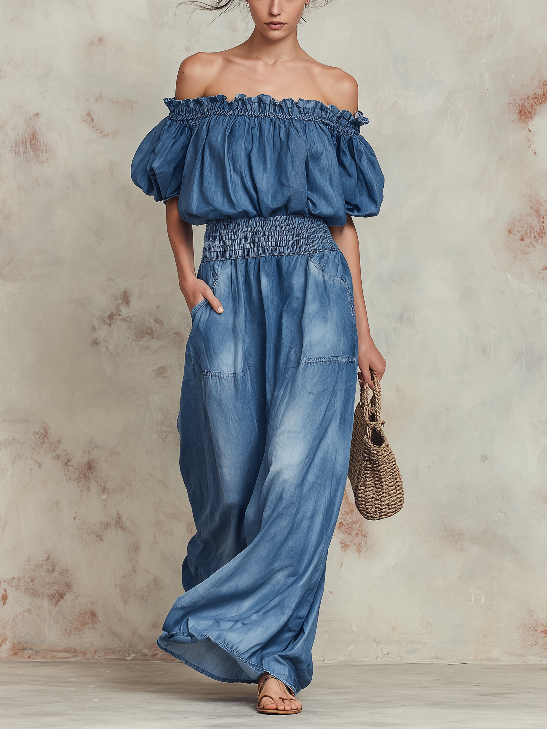 Off-Shoulder Puff Sleeve Tiered Denim Set