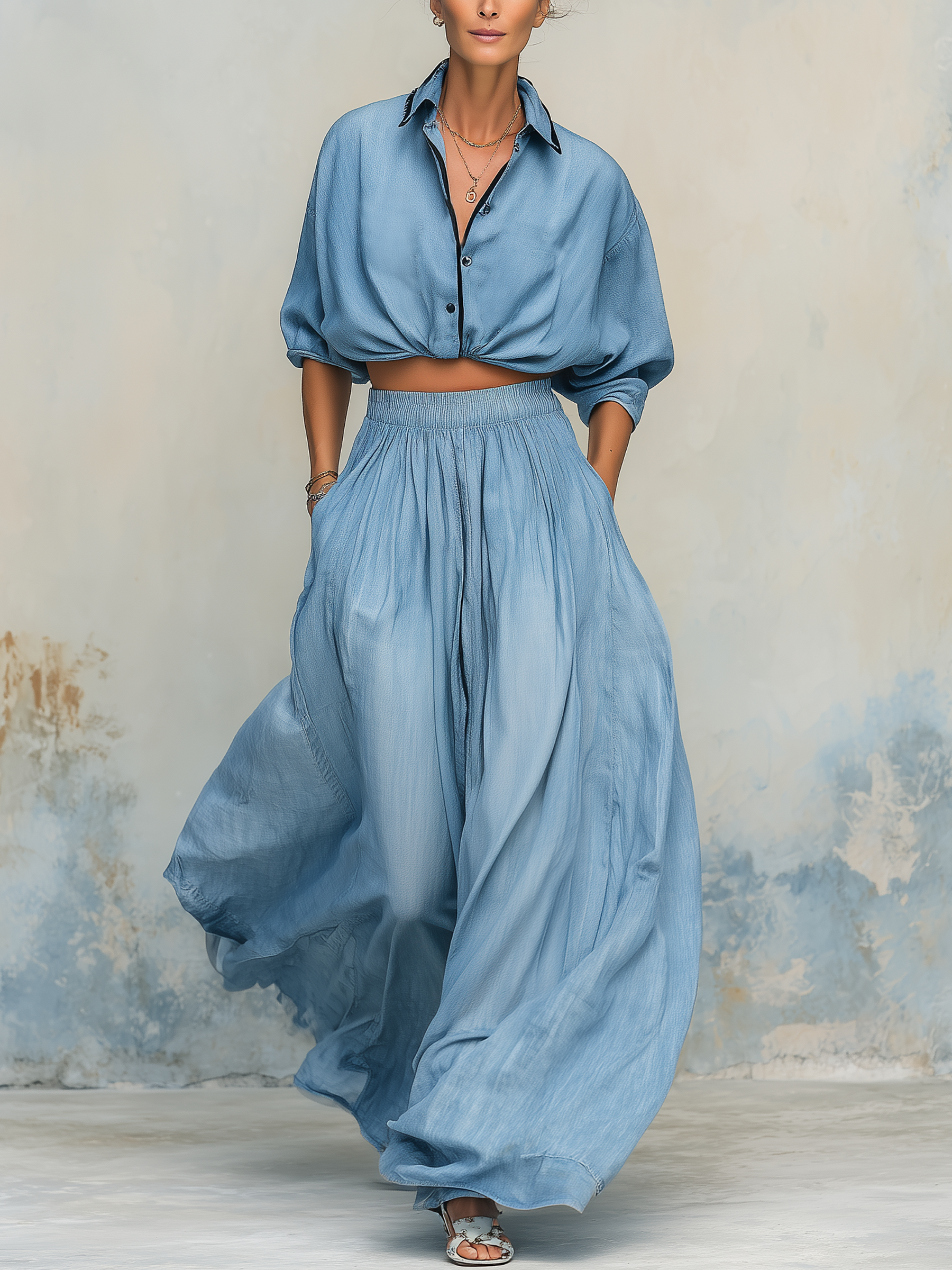 Tencel Denim Two-Piece Set: Cropped Shirt & High-Waist Maxi Skirt