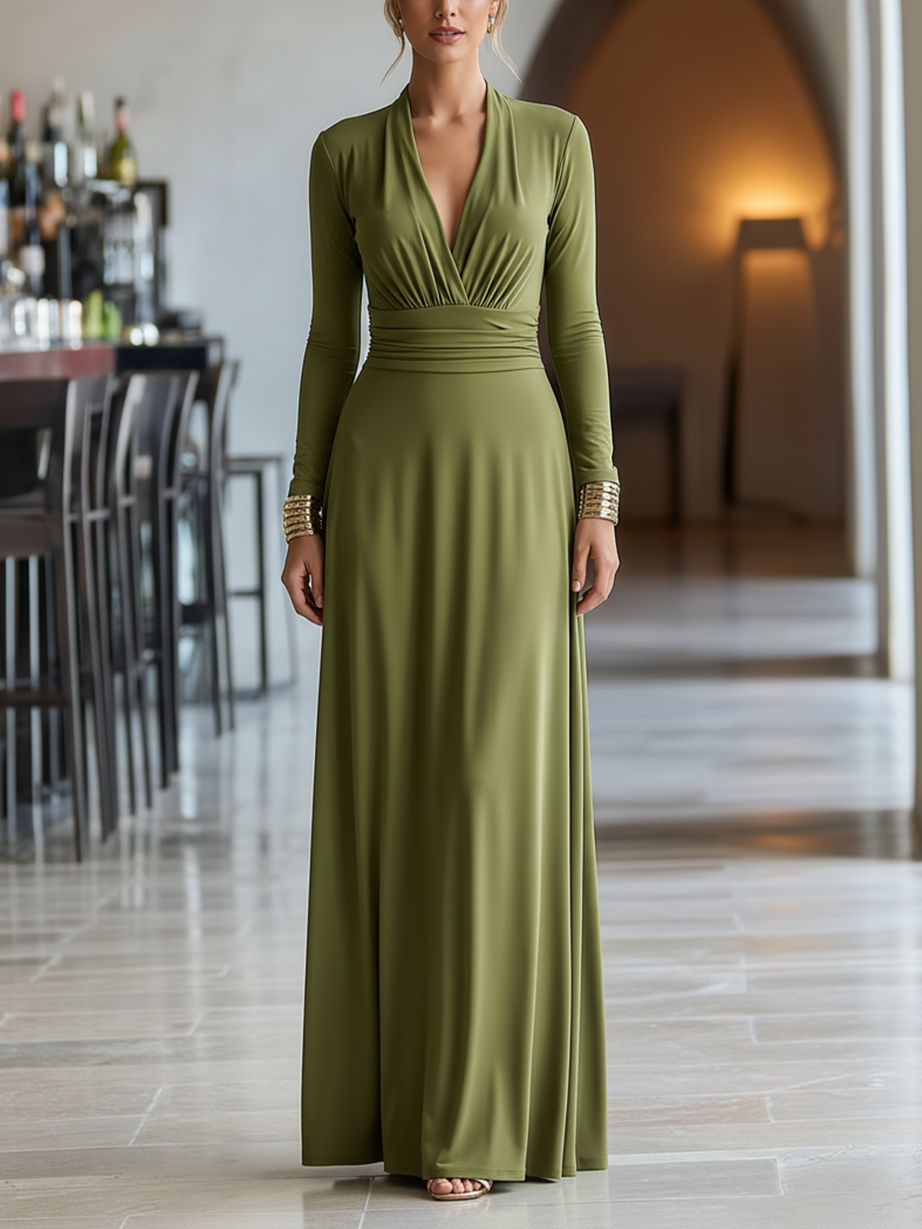 Olive Green Deep V-Neck Maxi Dress With Ruched Waist & Long Sleeves
