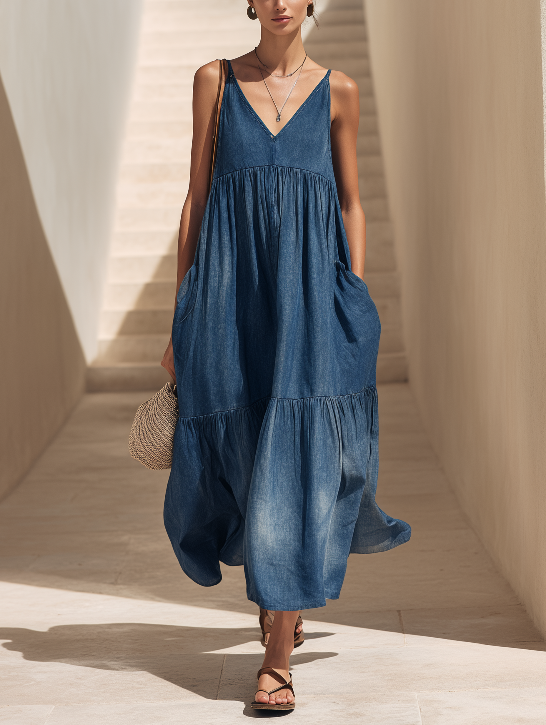 V-Neck Tiered Patch Pocket Denim Maxi Dress