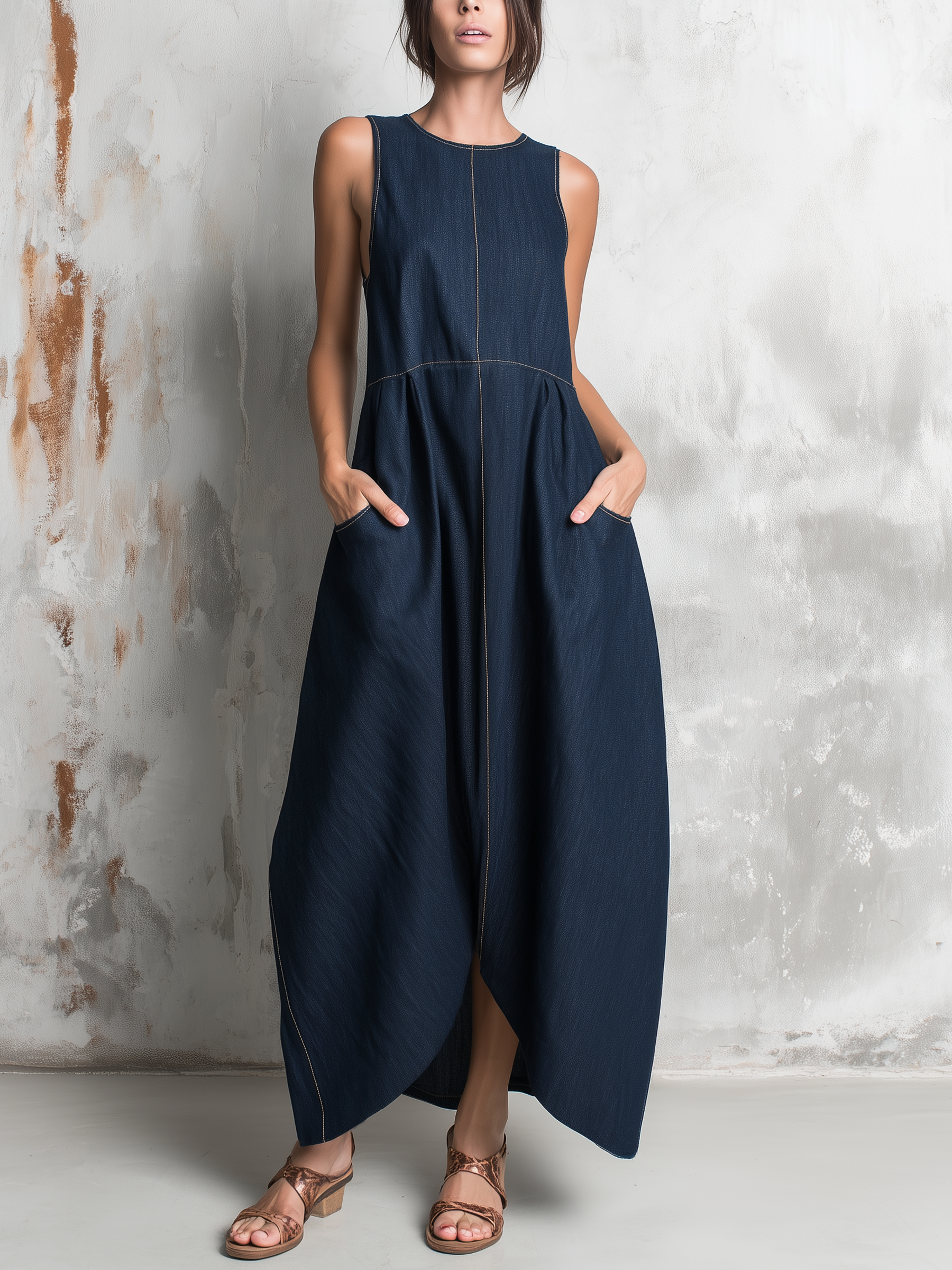 Dark Wash Denim Sleeveless Tulip Maxi Dress