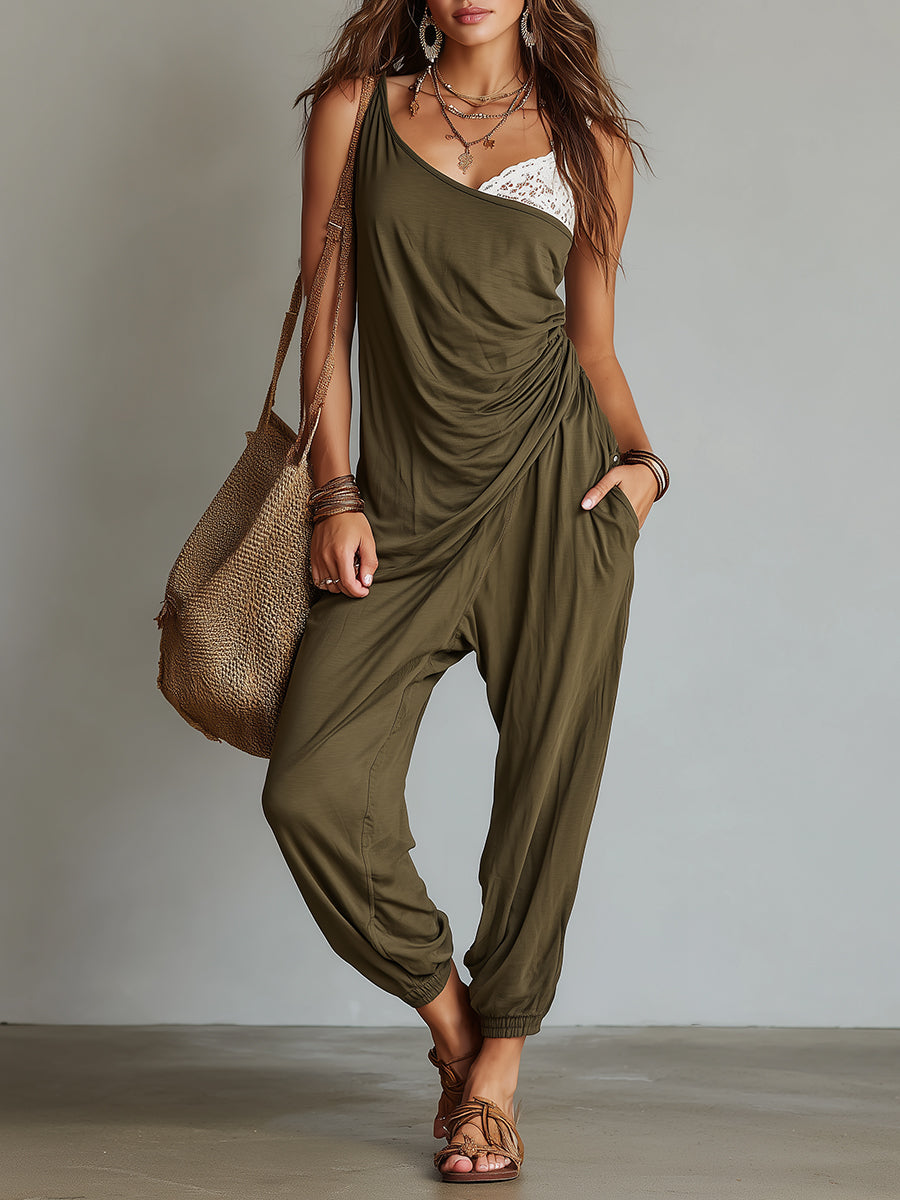 Unique Design One-shoulder Jumpsuit With Lace Trim